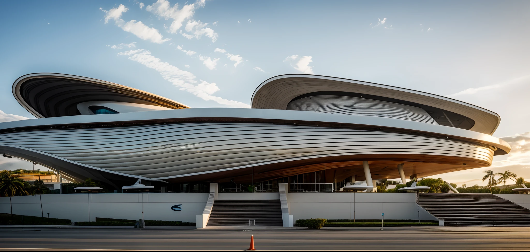Day, stadium exterior, zaha hadid style, bionic form, curve form, metal and wood mix together, masterpicece, high quality, 8k uhd, tropical landscape