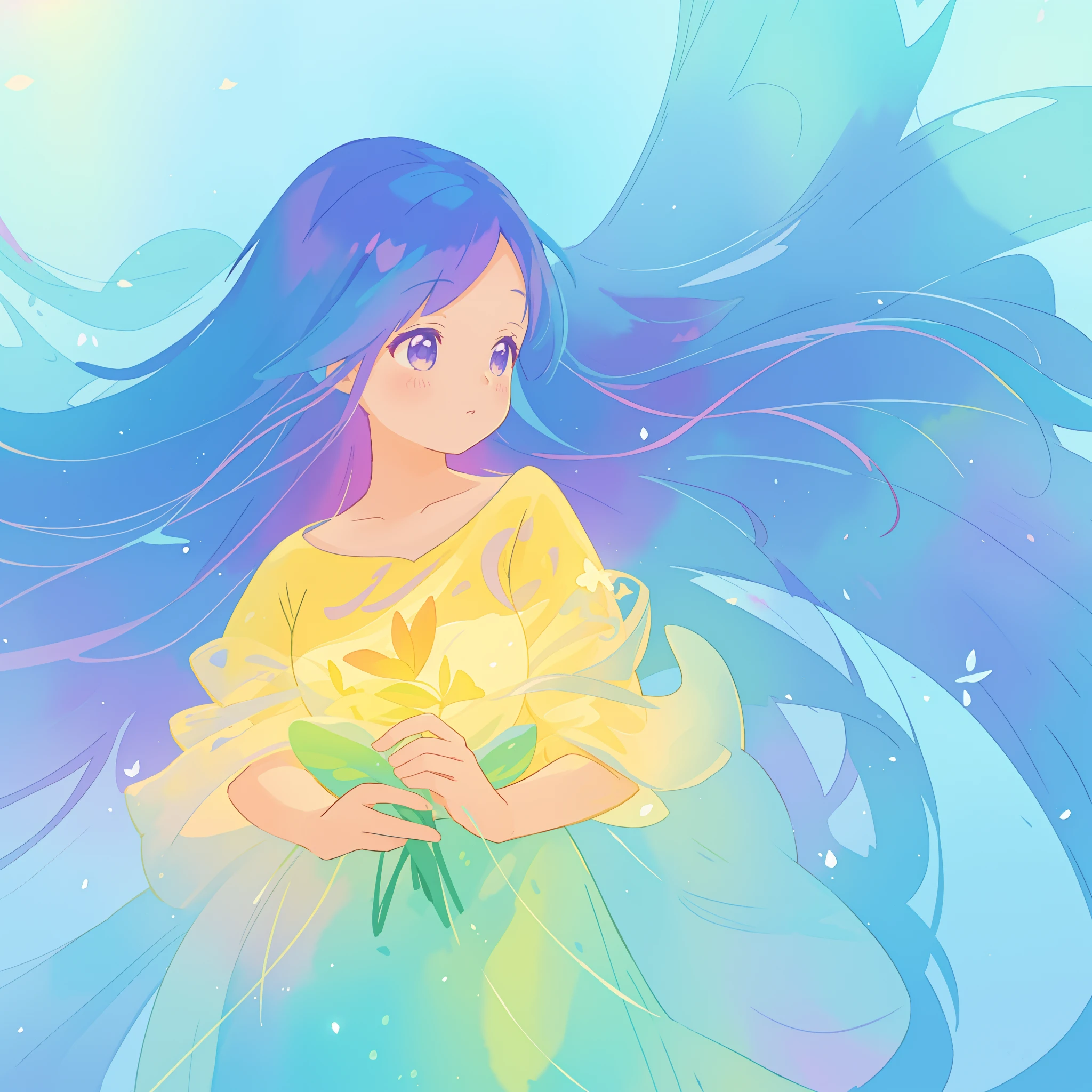 beautiful girl in yellow minut gradient flowing dress, long flowing blue purple pink hair, colorful fantasia background, watercolor illustration, disney art style, glowing aura around her, glowing lights, beautiful digital illustration, fantasia otherworldly landscape plants flowers, beautiful, masterpiece, best quality, anime disney style