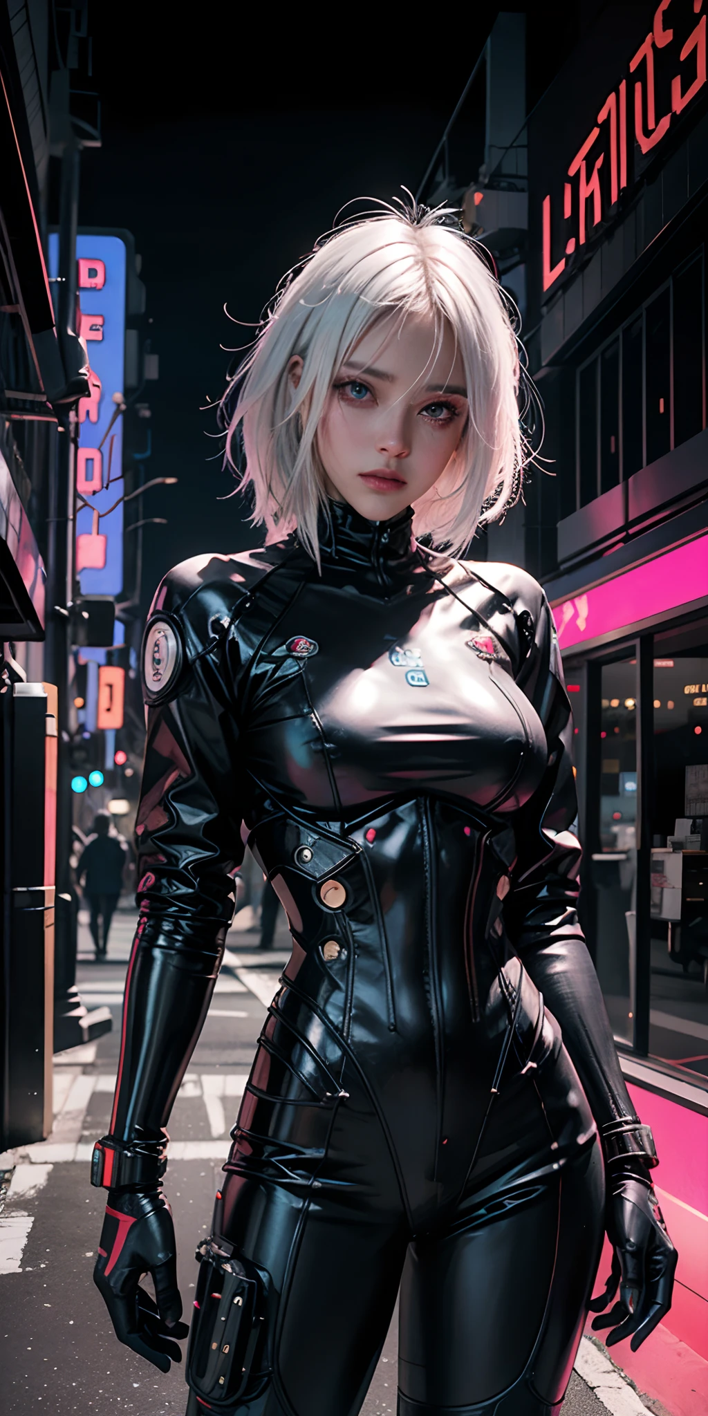 Woman cyborg retrofuturista con luces de neon ,muchas partes mecanicas , white hair ,big tits , estilo cyberpunk,colores synthwave,otro planeta,cara de robot,estilo terminator,realista,