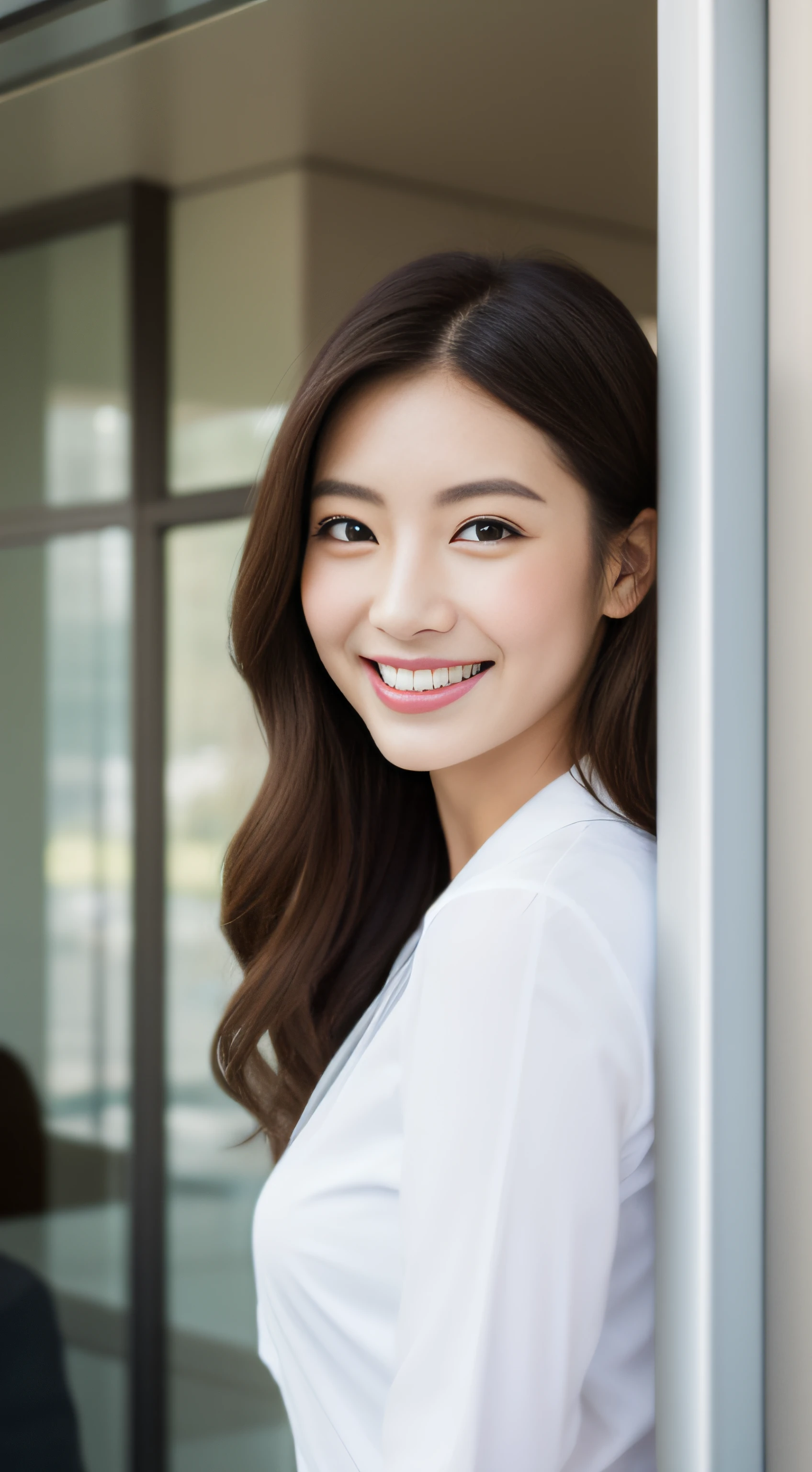 The face is a hostess、White Business Shirt、By the window of a high-rise building、hiquality、A hyper-realistic、healthy、Smiling expression、Slender perfect figure、Japan beauties、beautidful eyes、face perfect、Beautiful skin、portlate