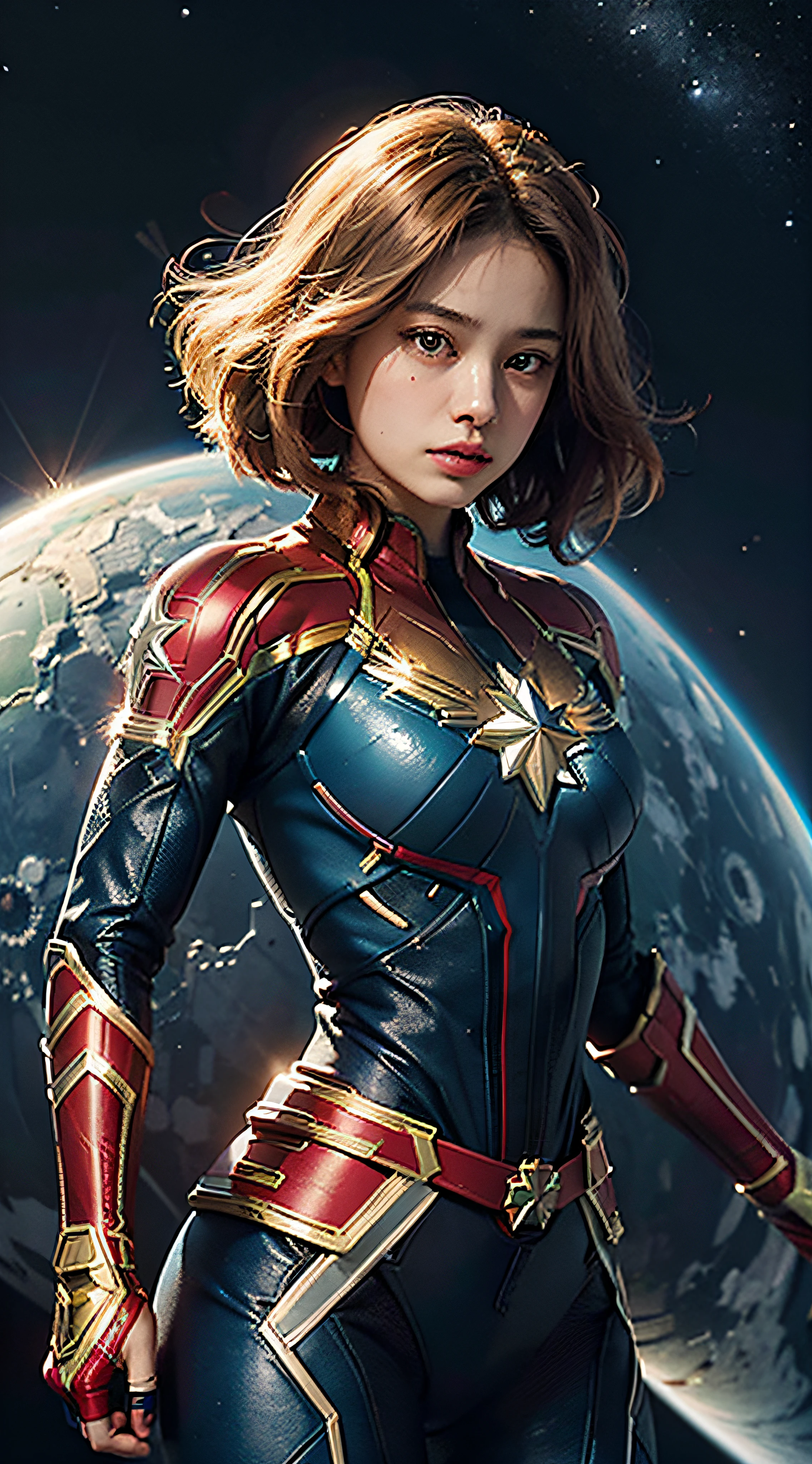 18 year old beautiful girl, masterpiece, best quality, 8K animation, detailed fingers, precise fingers, not unnatural hands, illustration, 1 girl, solo, pink bob cut, sagging eyes, captain marvel suit, flying, space background
