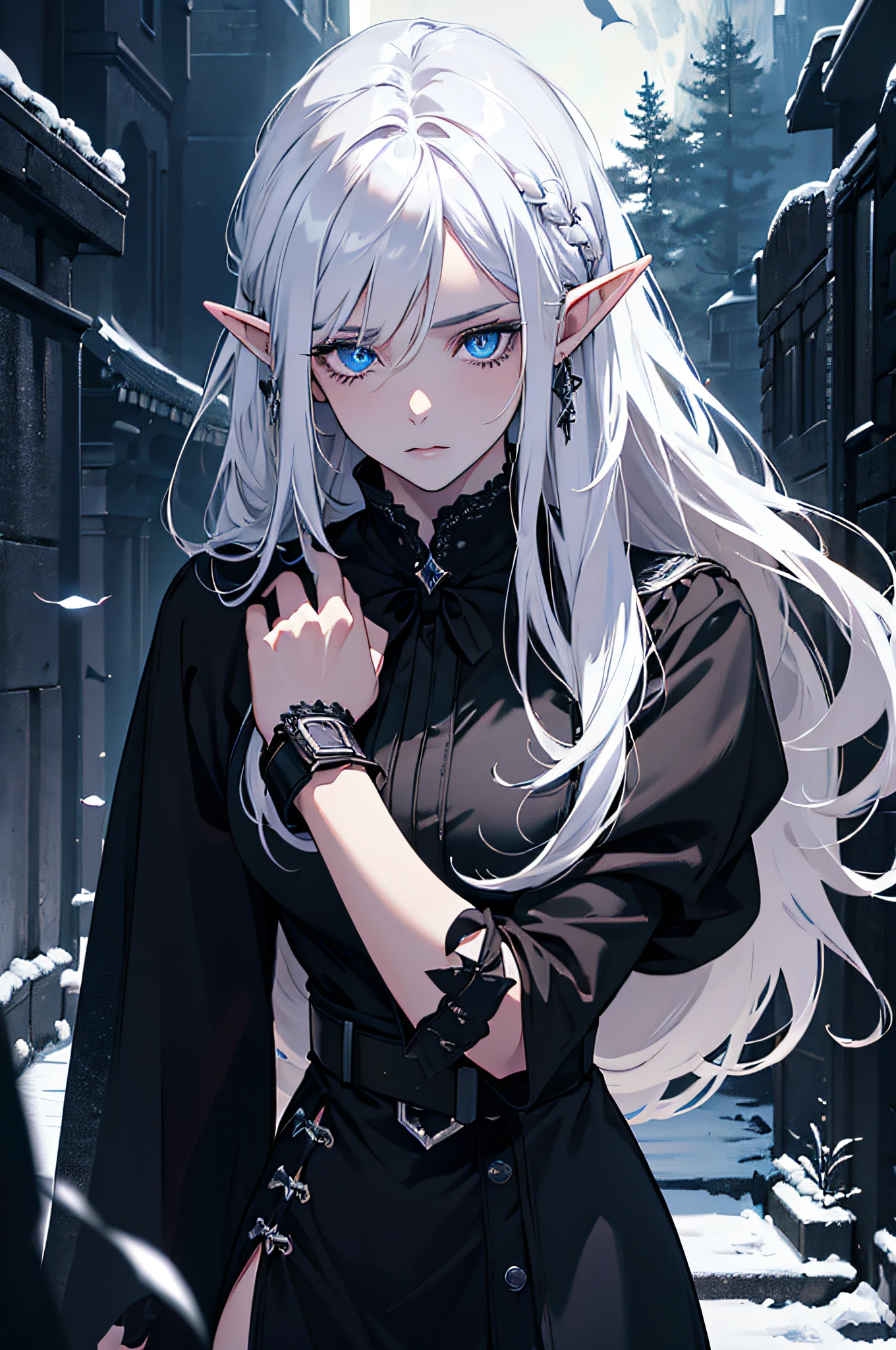 (absurdres, highres, ultra detailed), 1 woman, adult, beautiful, white girl, elf, pointy ears, long white hair, cristal blue eyes, dark makeup, finely detailed eyes and detailed face, fantasy, night, dark theme, cinematic lighting, colorful, portrait , flying petal, cloudy sky, dark forest, moon, cowboy shot, black clothes, dark theme, night, dark nigth, detailed eyes, dark lighting, elf, rogue, with bow in hands, preparing to shoot, black cape