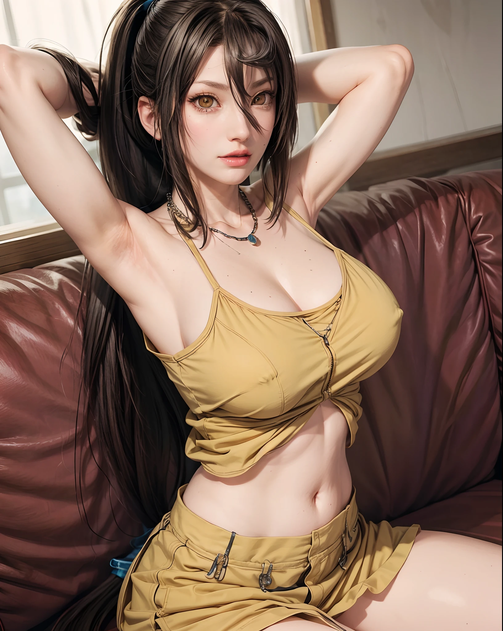 realistic, 1girls, Tsunade, best quality, 12k, HD, long hair, big round breasts, cleavage, ponytail, necklace, jewelry, shorts, slim hips, hair tie, yellow eyes, yellow hair, super detailed, eyes Details, detailed hair, detailed person, detailed mouth, detailed face, detailed breasts, detailed clothes, detailed hair, detailed pants, full body