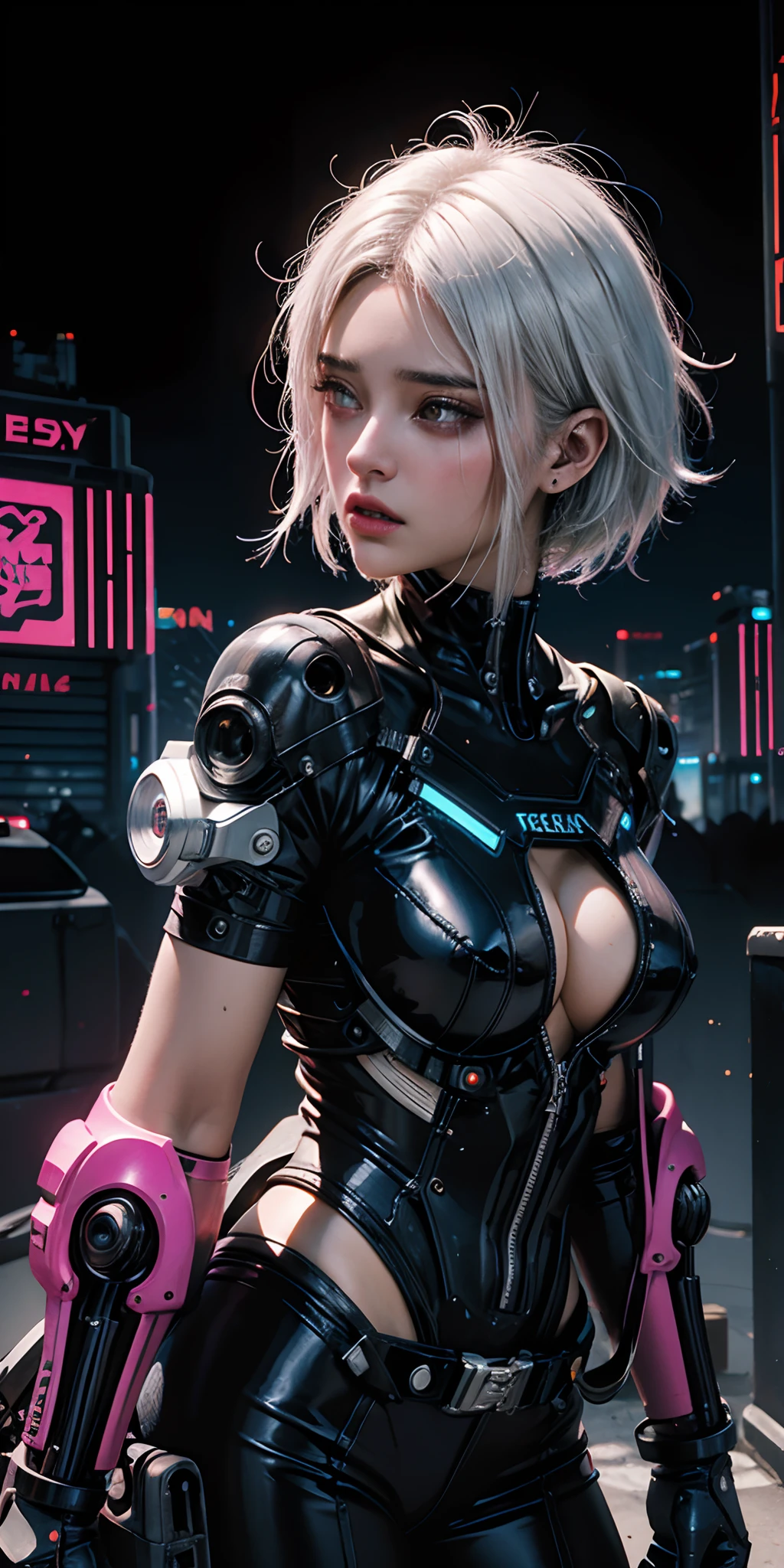 Woman cyborg retrofuturista con luces de neon ,muchas partes mecanicas , white hair ,big tits , estilo cyberpunk,colores synthwave,otro planeta,cara de robot,estilo terminator,realista,