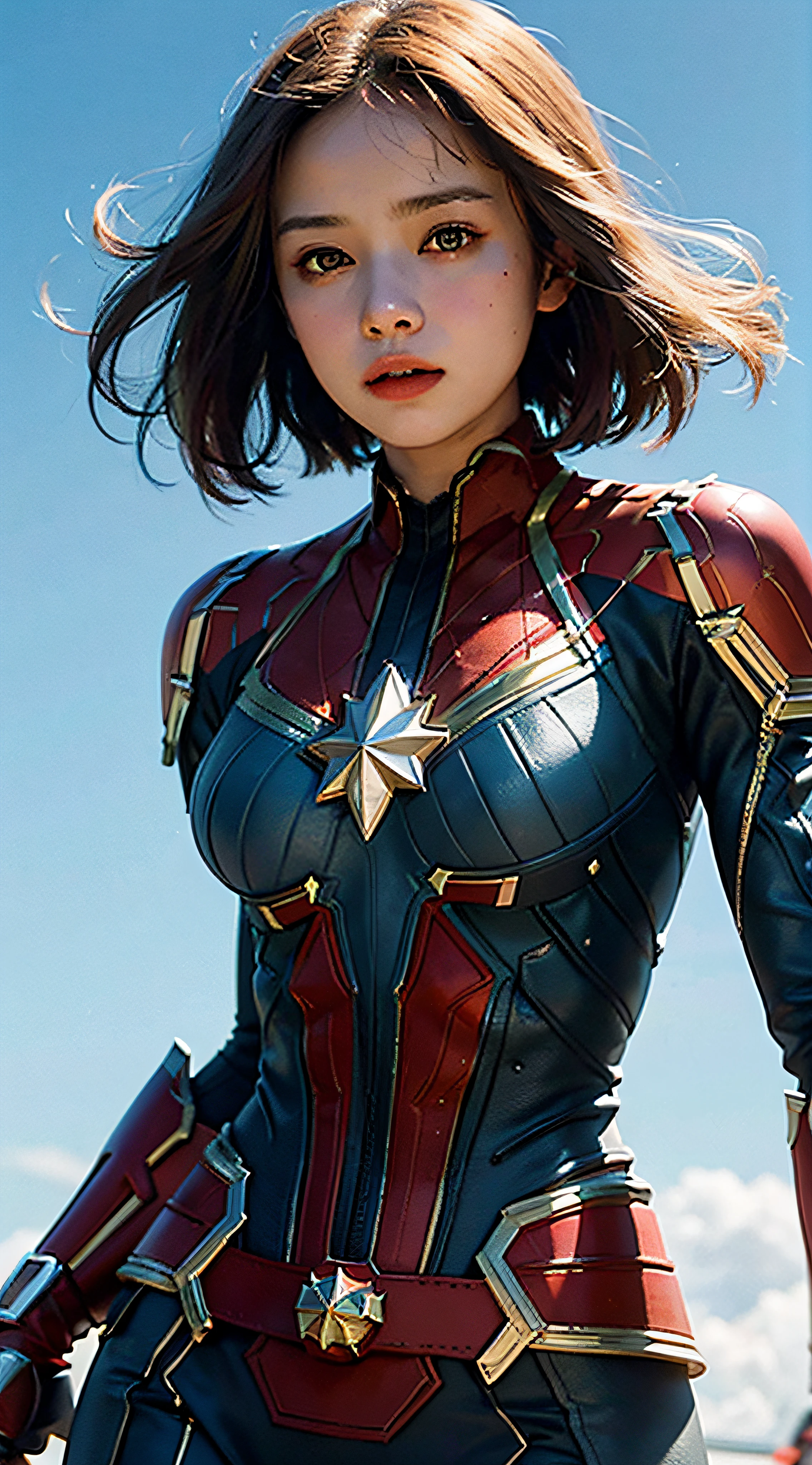 20 year old beautiful girl, masterpiece, best quality, 8K animation, detailed fingers, precise fingers, not unnatural hands, illustration, 1 girl, solo, blone bob cut, sagging eyes, captain marvel suit, flying, from below, sky background, big breasts