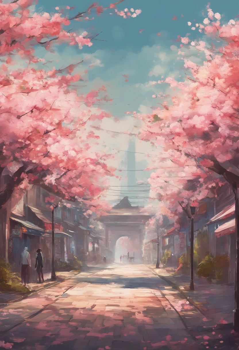 "Craft an image of impeccable quality, characterized by high-definition resolution. Adopt a unique style that seamlessly blends Color Field Painting with hints of Urban Realism, ensuring anatomical correctness. The central theme unfolds on a street lined with cherry blossom trees, where the exquisite beauty of the flowers harmonizes with the urban surroundings. The composition skillfully emphasizes the duality between the vibrant nature of the cherry trees and the structured urban landscape, offering viewers a distinctive and captivating scene. Incorporate lighting effects, with soft sunlight filtered through the blossoms, to create a delicate and enchanting atmosphere. Additionally, pay meticulous attention to street details, capturing the essence of urban life amid the ephemeral beauty of the cherry blossom trees."
