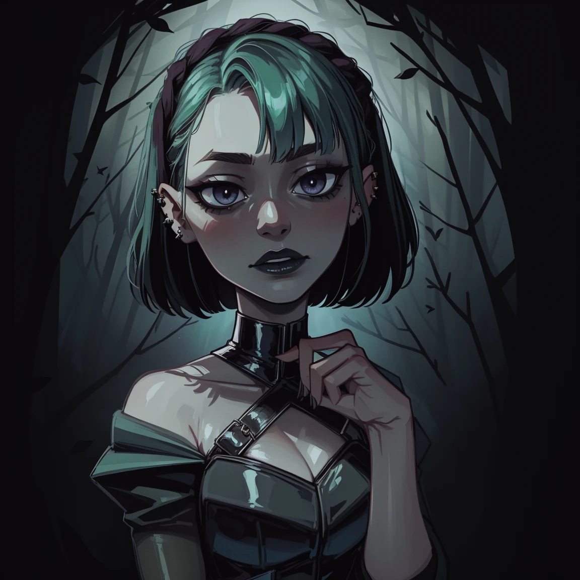 Yor, goth girl, autumn forest background, detailed, detailed, detailed, beautiful, detail, goth girl, masterpiece, dark night background, gothic, goth, goth, detailed, goth girl, piercings, detailed face, looking viewer, yor, (Dark eye shadow) dark eye shadow, black eye shadow,