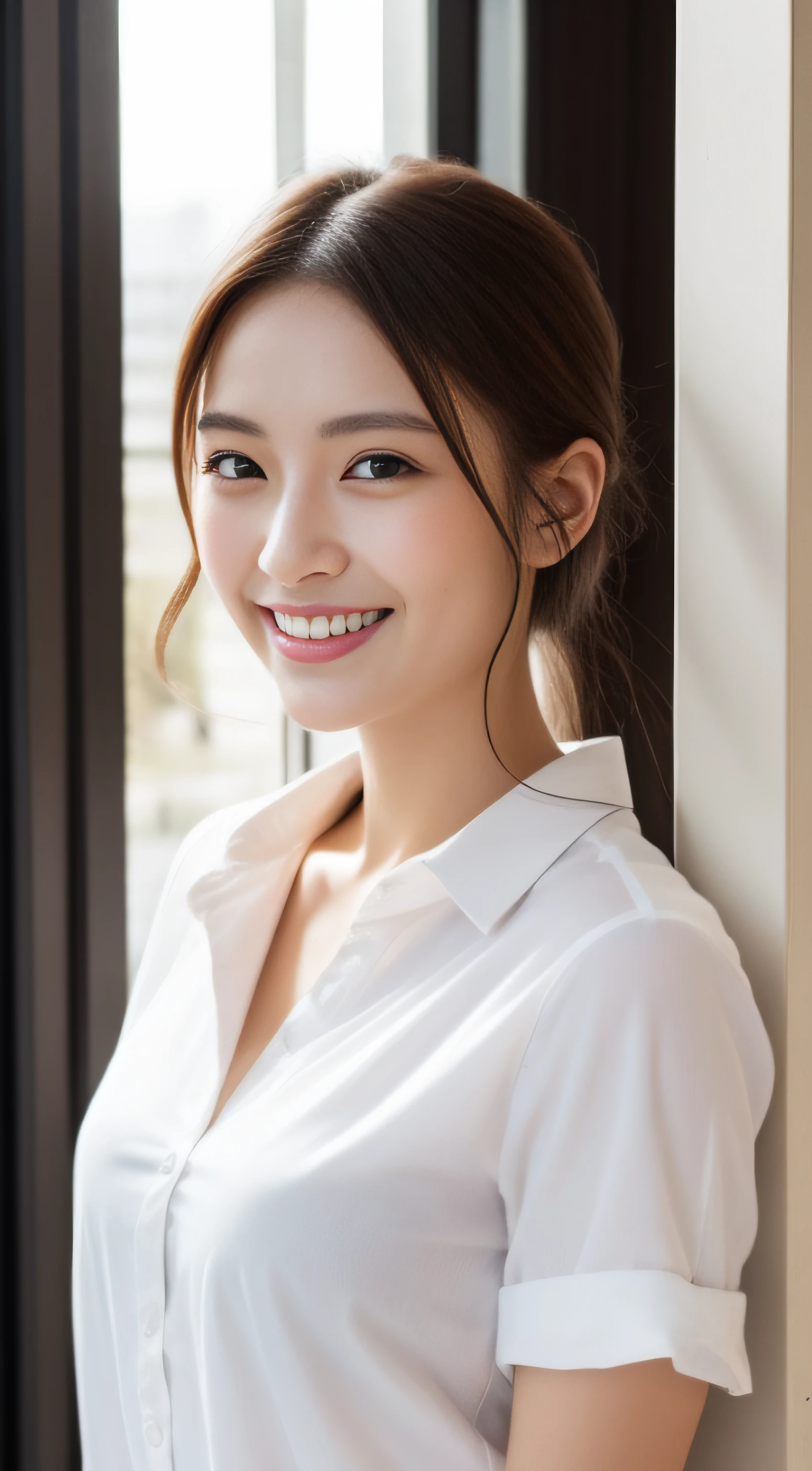 The face is a hostess、White Business Shirt、By the window of a high-rise building、hiquality、A hyper-realistic、healthy、Smiling expression、Slender perfect figure、Japan beauties、beautidful eyes、face perfect、Beautiful skin、portlate