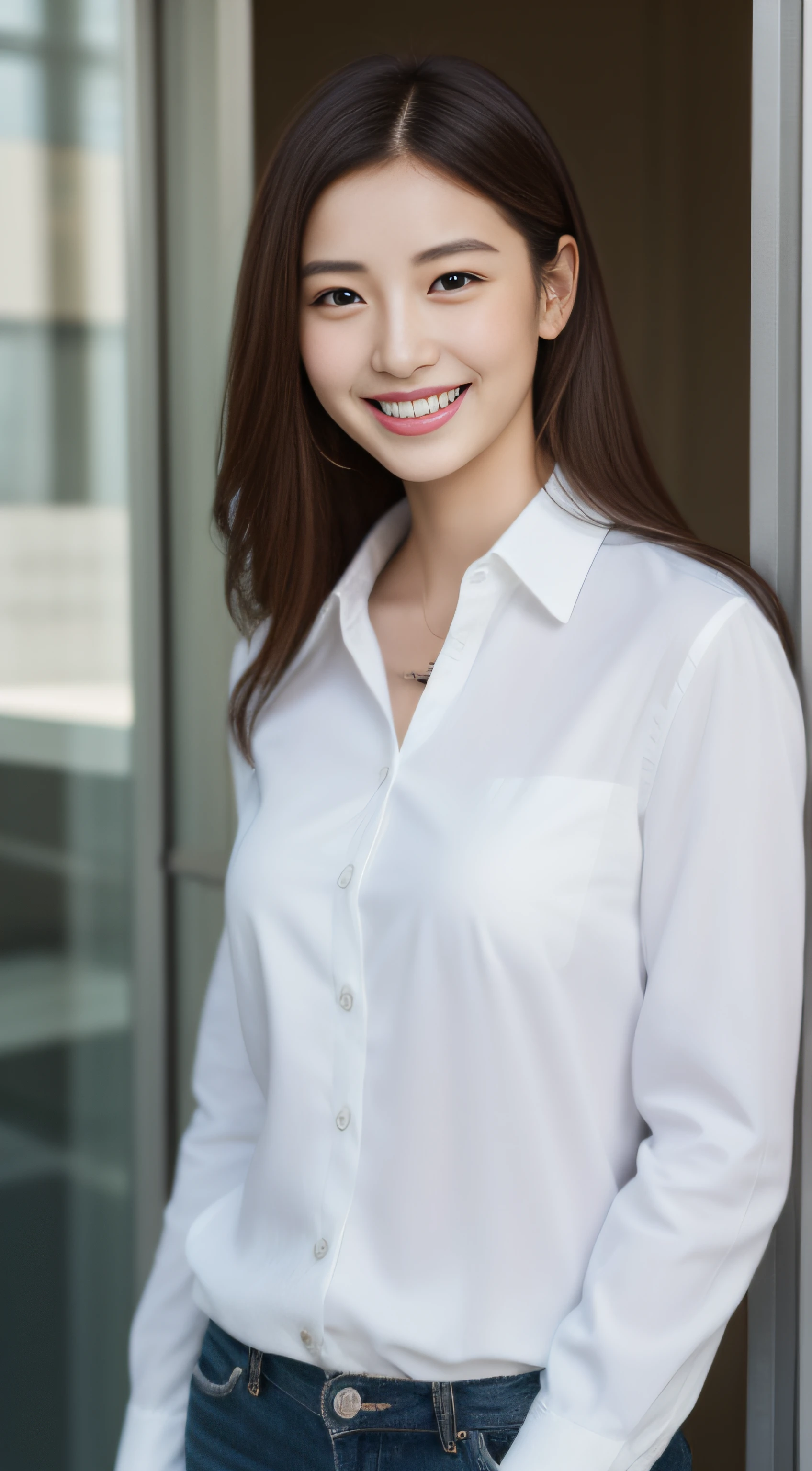 The face is a hostess、White Business Shirt、By the window of a high-rise building、hiquality、A hyper-realistic、healthy、Smiling expression、Slender perfect figure、Japan beauties、beautidful eyes、face perfect、Beautiful skin、portlate