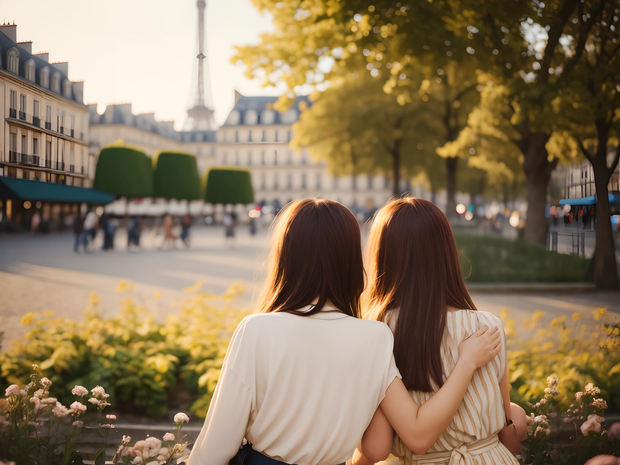 Paris afternoon, gold hour, backlighting, two attractive French girls, blur shot, 35mm lens, photorealistic, garden, kodak film 4k --auto --s2