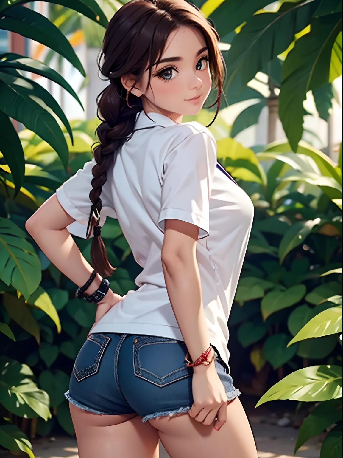 , 1girl, Video game character, rua escura, noite, cintura perfeita, ombreiras, gargantilhas, rosto bonito, olhos detalhados, corpo perfeito, coxas grossas, bunda grande, seios pequenos, hair with braids, posando pra foto, hand on ass, hands on thigh, bunda molhada, cowgirl position, olhando para o vizualizador, anatomicamente corrigido, foco na bunda, vizualizador baixo