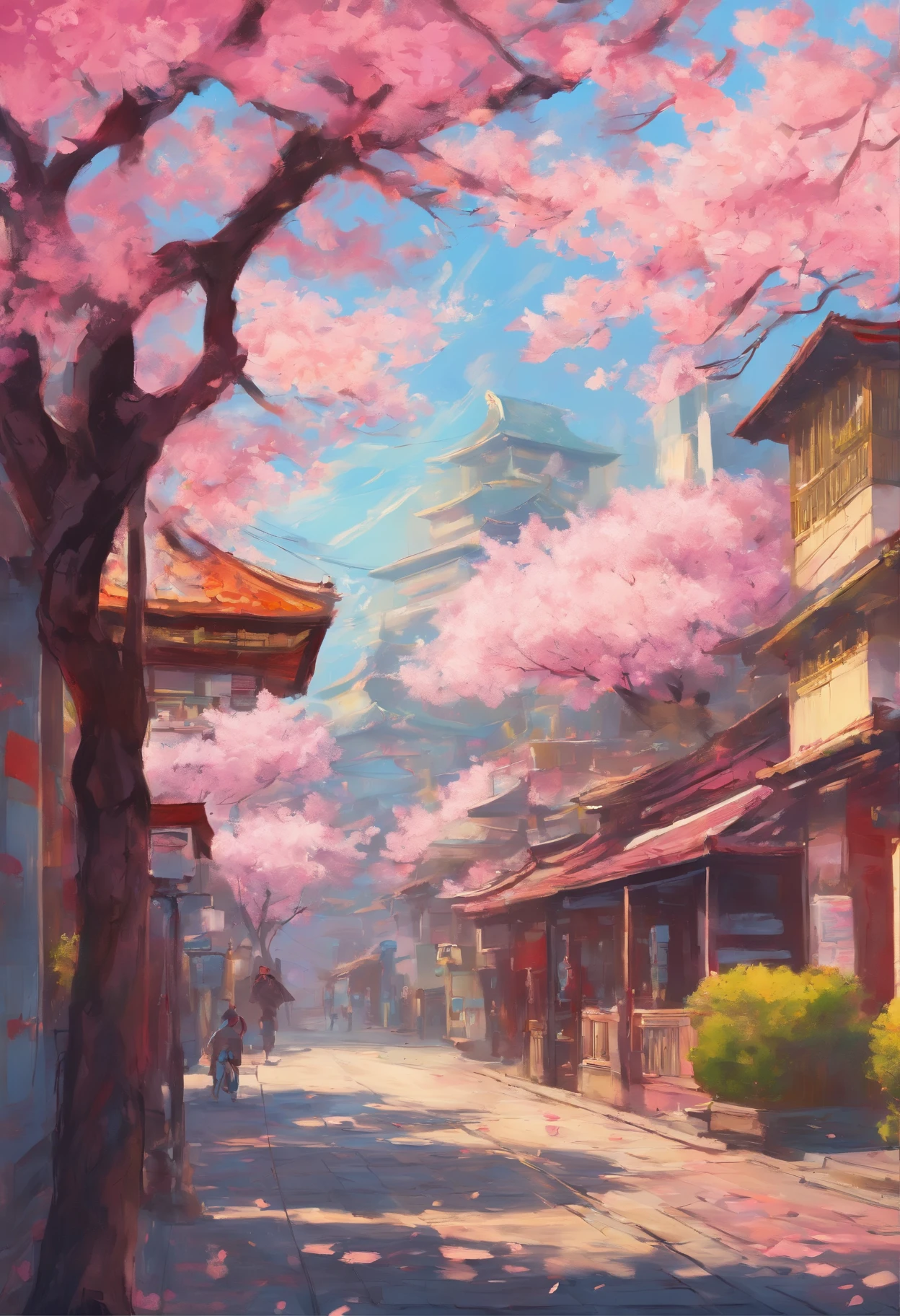 "Craft an image of impeccable quality, characterized by high-definition resolution. Adopt a unique style that seamlessly blends Color Field Painting with hints of Urban Realism, ensuring anatomical correctness. The central theme unfolds on a street lined with cherry blossom trees, where the exquisite beauty of the flowers harmonizes with the urban surroundings. The composition skillfully emphasizes the duality between the vibrant nature of the cherry trees and the structured urban landscape, offering viewers a distinctive and captivating scene. Incorporate lighting effects, with soft sunlight filtered through the blossoms, to create a delicate and enchanting atmosphere. Additionally, pay meticulous attention to street details, capturing the essence of urban life amid the ephemeral beauty of the cherry blossom trees."