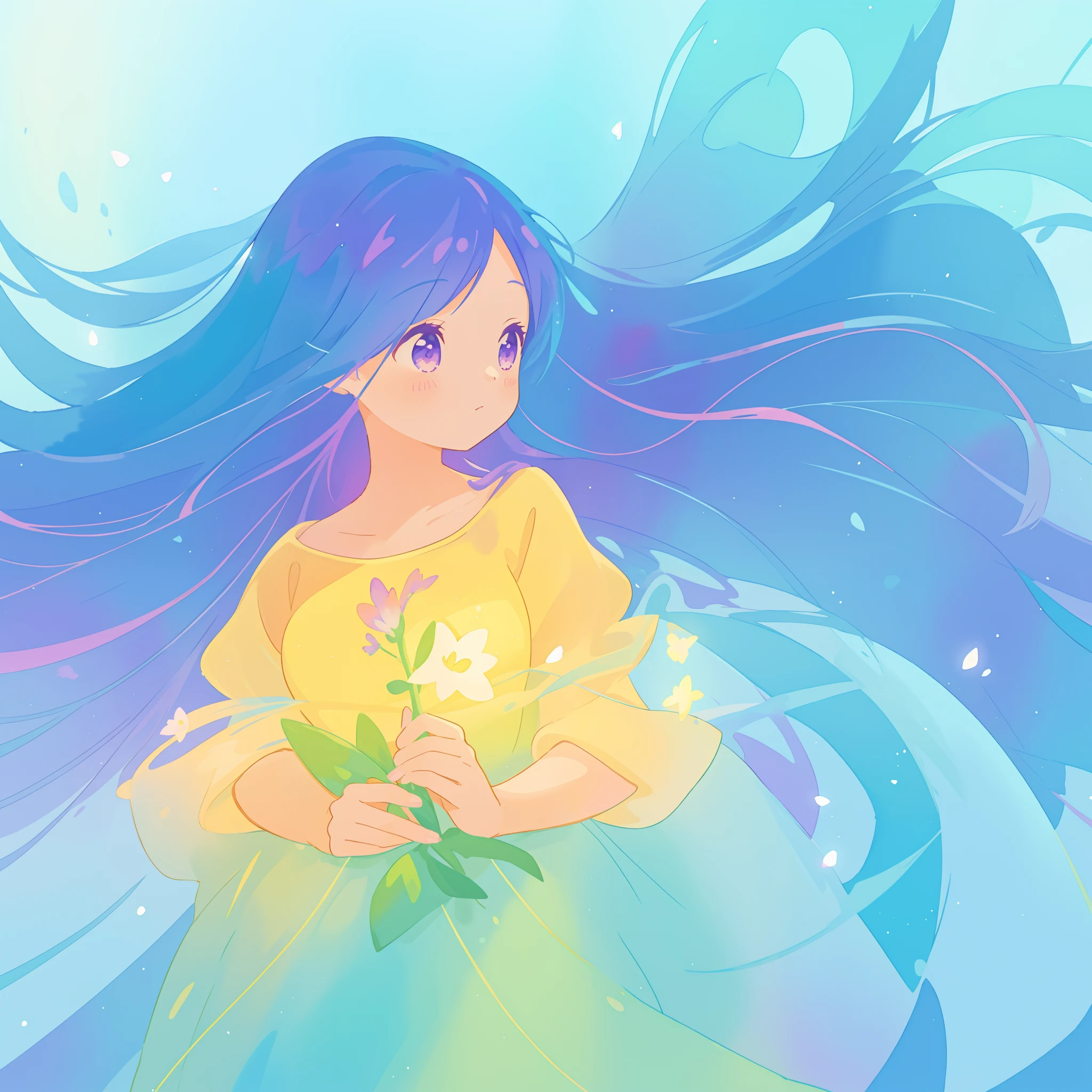 beautiful girl in yellow minut gradient flowing dress, long flowing blue purple pink hair, colorful fantasia background, watercolor illustration, disney art style, glowing aura around her, glowing lights, beautiful digital illustration, fantasia otherworldly landscape plants flowers, beautiful, masterpiece, best quality, anime disney style