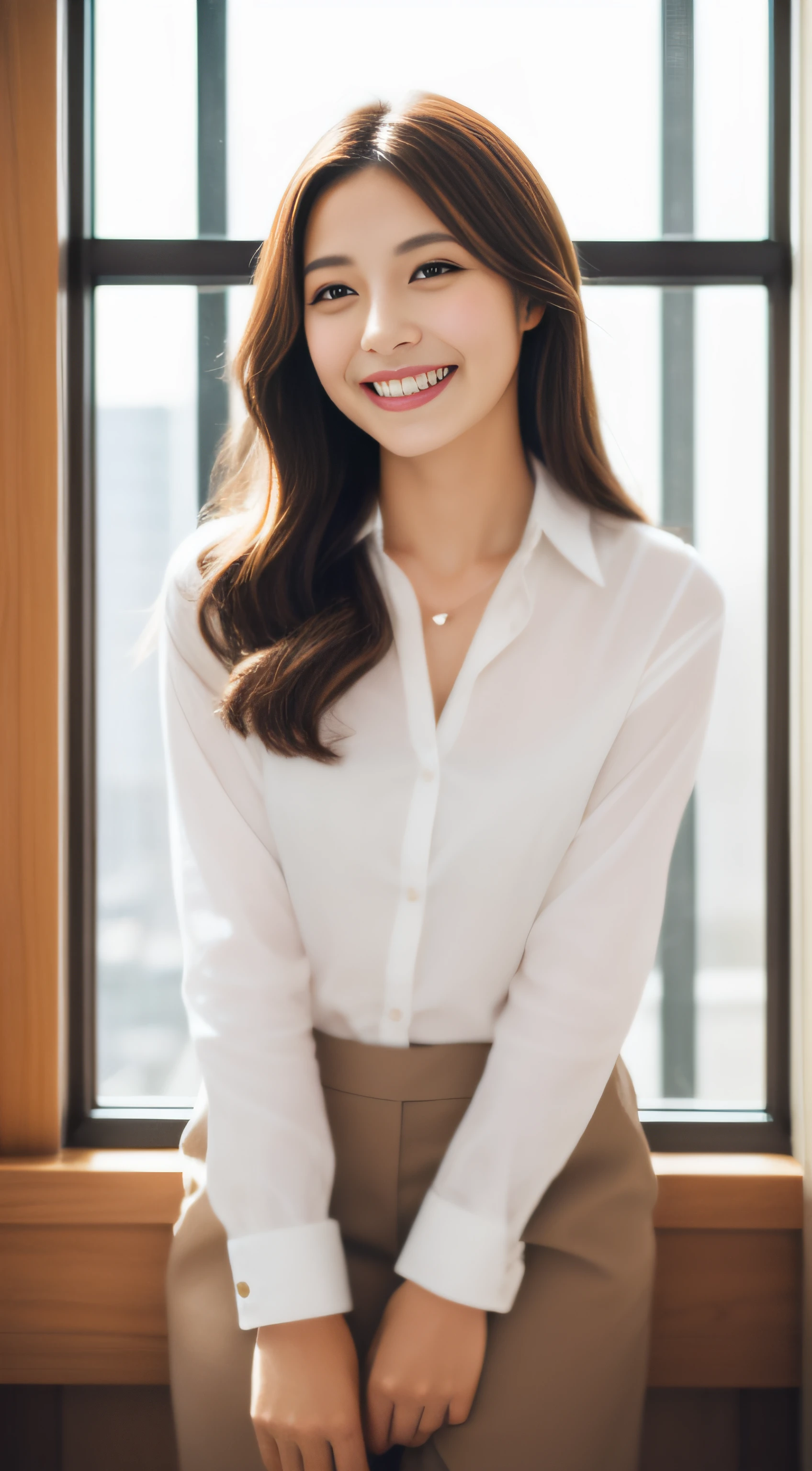 The face is a hostess、White Business Shirt、By the window of a high-rise building、hiquality、A hyper-realistic、healthy、Smiling expression、Slender perfect figure、Japan beauties、beautidful eyes、face perfect、Beautiful skin、portlate