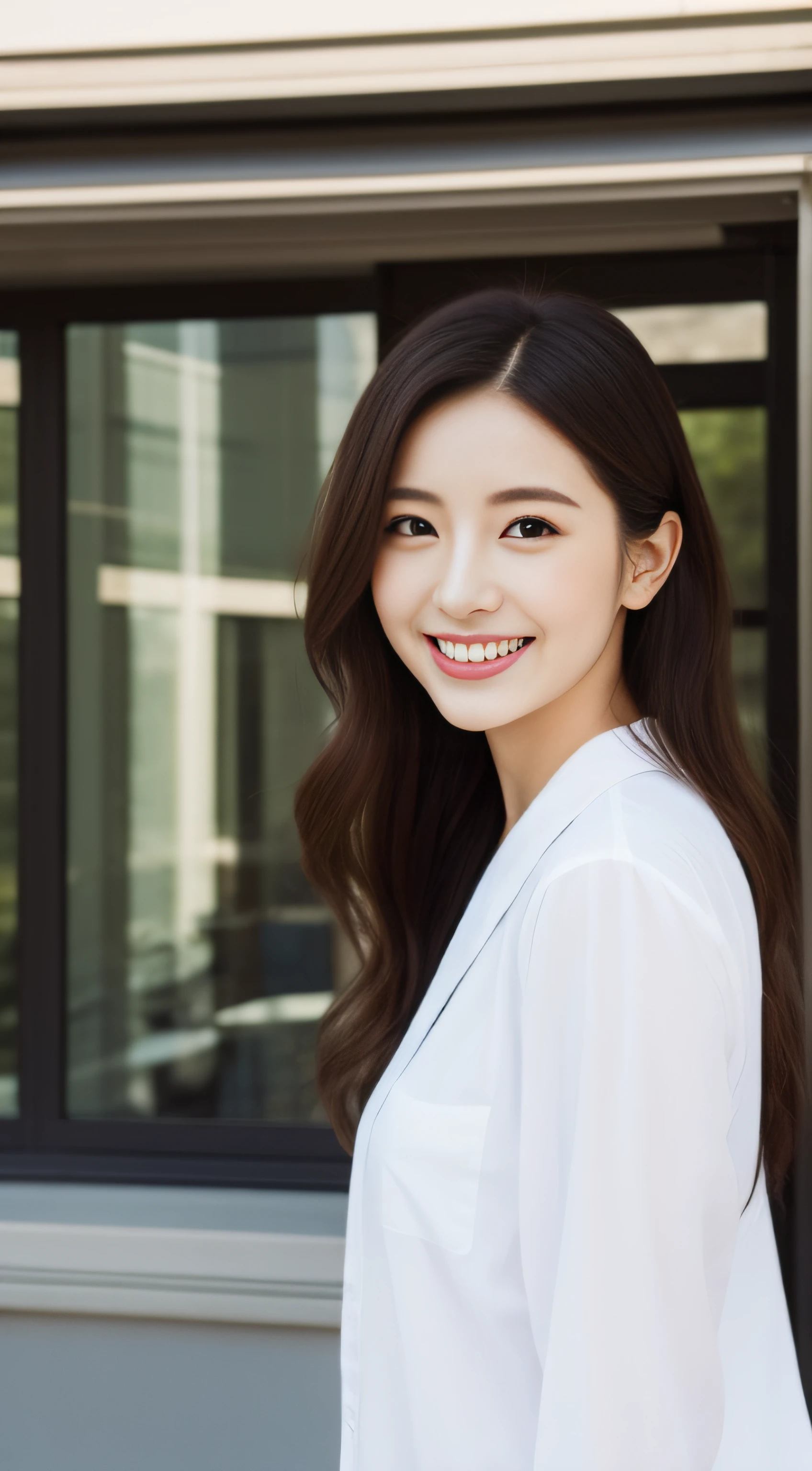 The face is a hostess、White Business Shirt、By the window of a high-rise building、hiquality、A hyper-realistic、healthy、Smiling expression、Slender perfect figure、Japan beauties、beautidful eyes、face perfect、Beautiful skin、portlate