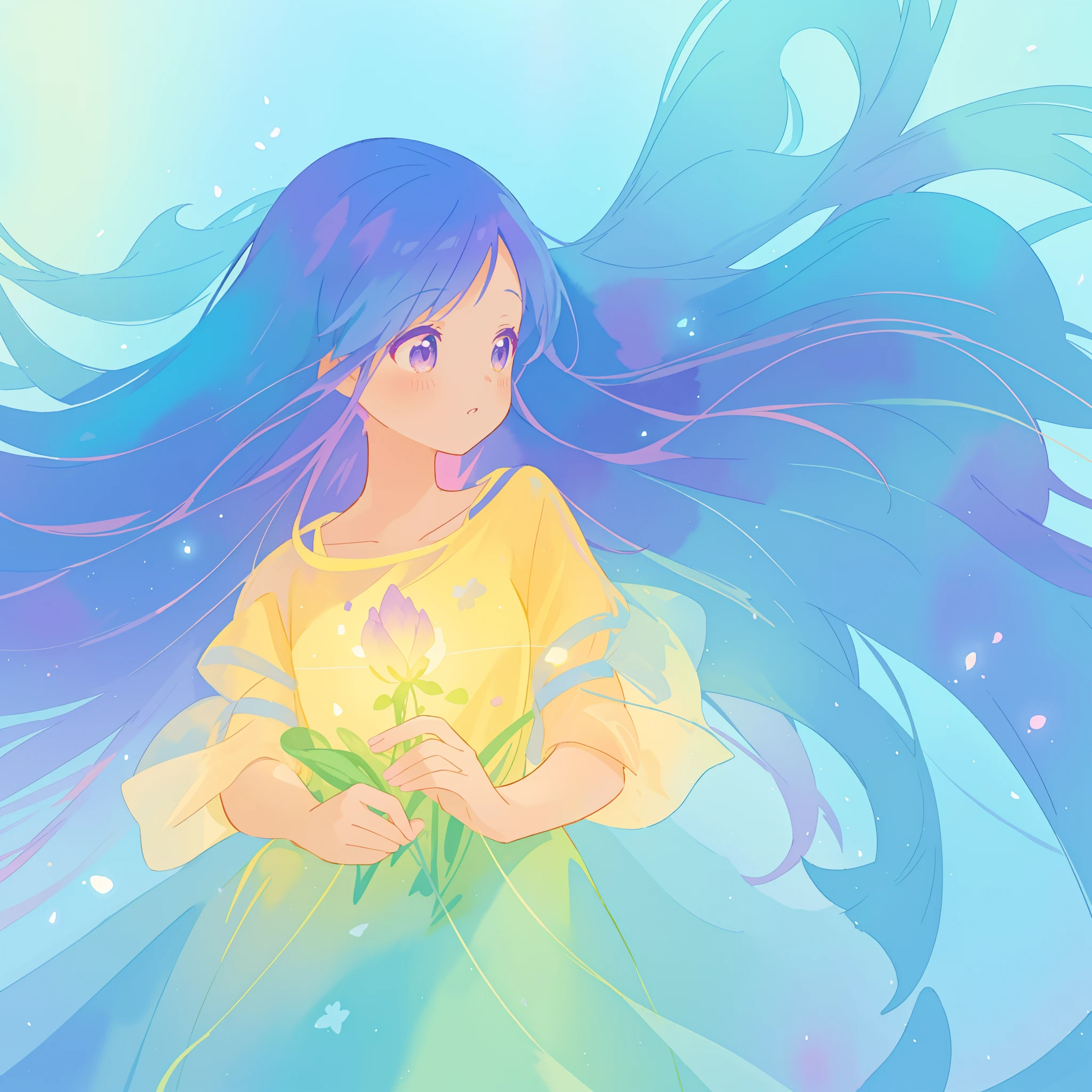 beautiful girl in yellow minut gradient flowing dress, long flowing blue purple pink hair, colorful fantasia background, watercolor illustration, disney art style, glowing aura around her, glowing lights, beautiful digital illustration, fantasia otherworldly landscape plants flowers, beautiful, masterpiece, best quality, anime disney style