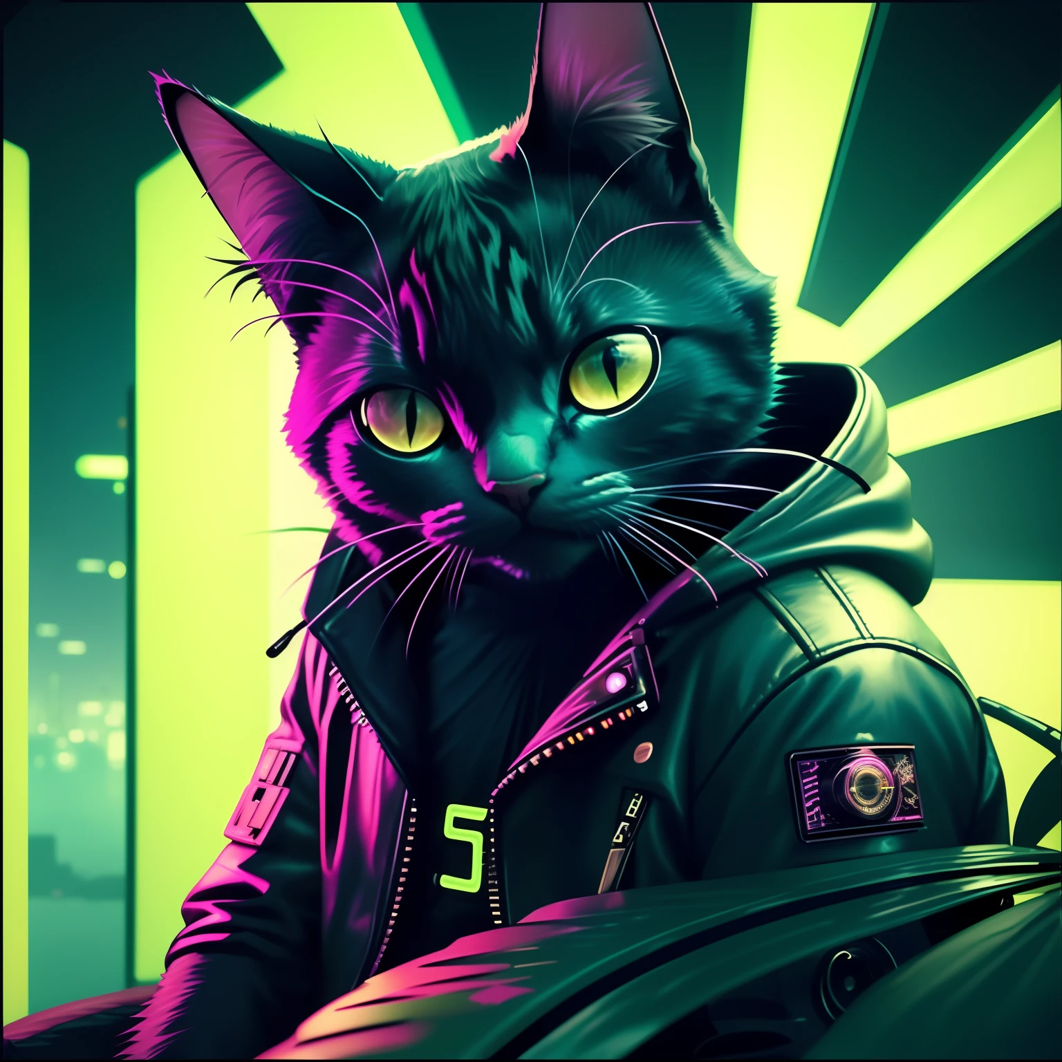 There is a cat wearing a leather jacket, Cyberpunk cat, Beautiful neon cat, synthwave art style ]!!, neonpunk, synthwave art, synthwave art style, [ synthwave art style ]!! ]!!, cybercat, [ synthwave art style ]!!, style hybrid mix of beeple, cyberpunk art style, neon cyberpunk