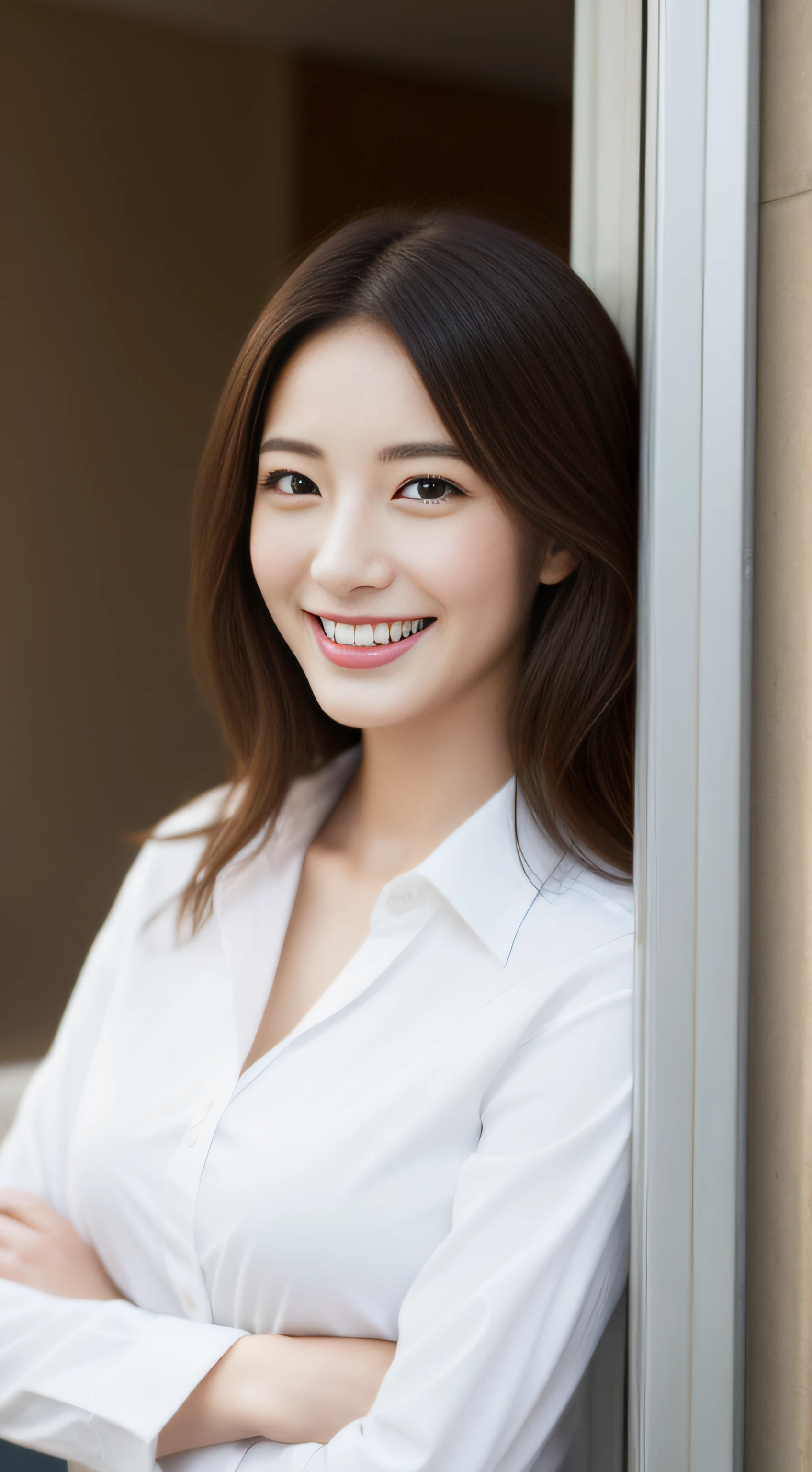 The face is a hostess、White Business Shirt、By the window of a high-rise building、hiquality、A hyper-realistic、healthy、Smiling expression、Slender perfect figure、Japan beauties、beautidful eyes、face perfect、Beautiful skin、portlate