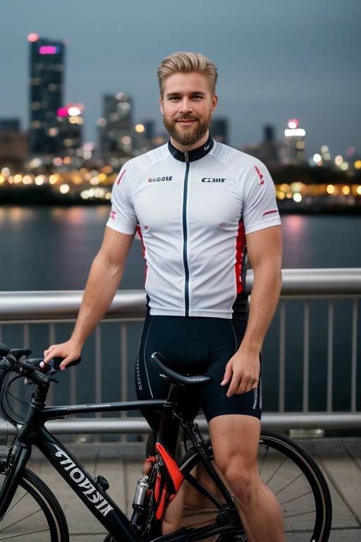 man, masterpiece, best quality, 8k, raw, canon 5d, f/1.8, iso 6400, RAW Photo, A handsome blond man with a beard standing still on a bicycle wearing a cycling outfit, cityscape in the background, (Best Quality), (Ultra Sharp), (Ultra Realistic), (Ultra Resolution), (Ultra Detailed), (Ultra Detailed) Definition), 8k, HD, realistic image, DSLR, detailed skin, detailed face, hyper realistic, (highly detailed skin: 1.2), 8k uhd, dslr, soft lighting, high quality, film grain, Fujifilm XT3