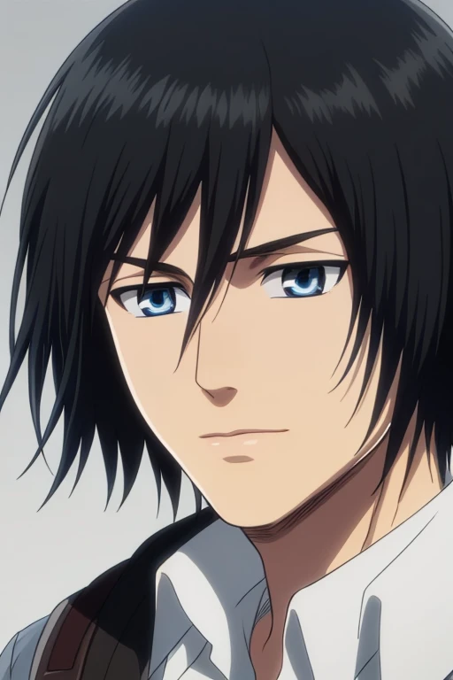 1boy, (mikasa ackerman as a man), (black hair:1.3), hair between eyes, ((short hair)), sidelocks, (round blue eyes), closeup, solo, slight lips,, masterpiece, best quality,