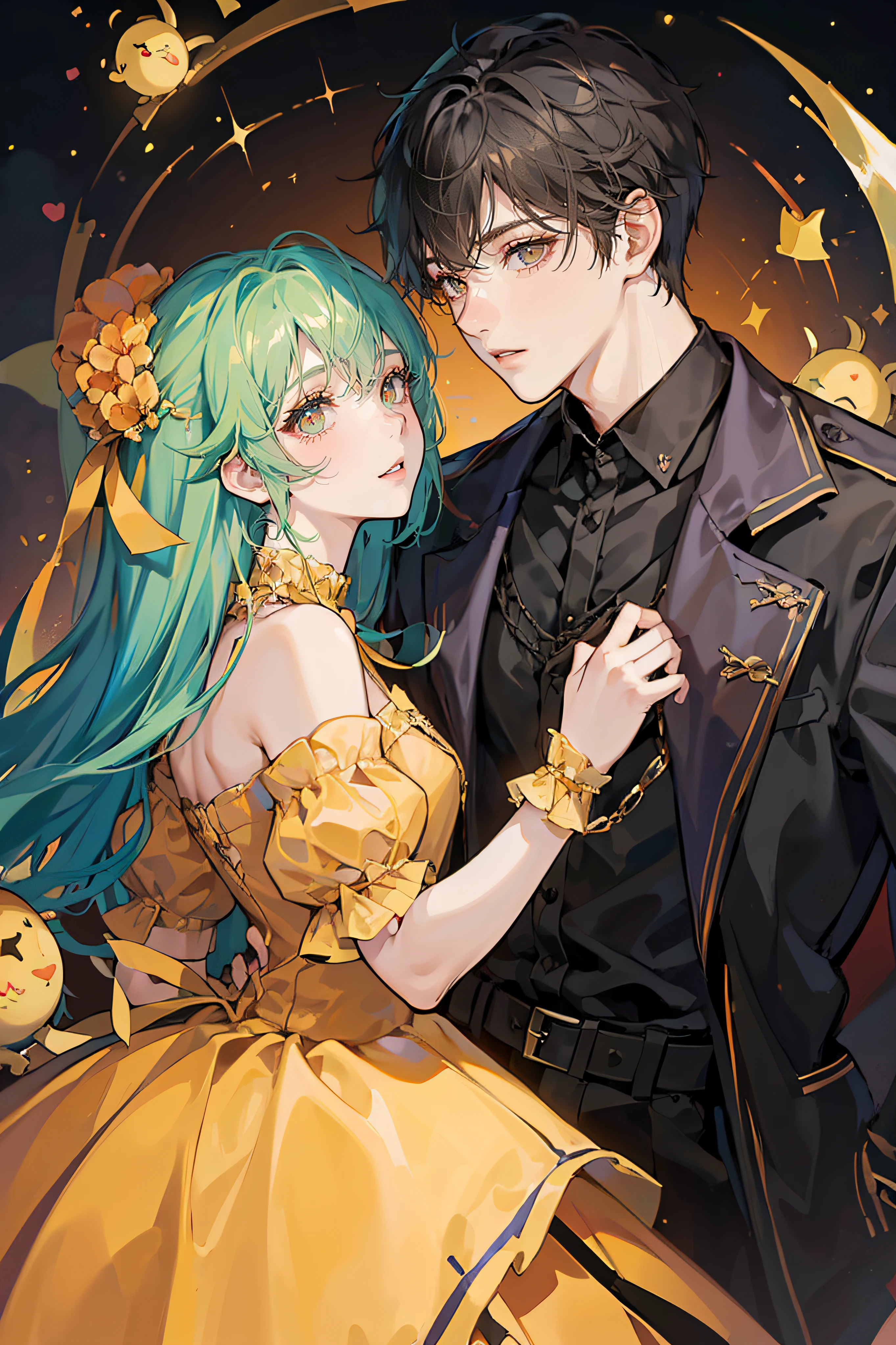 (((A couple looking at each other))) [(((1 chico rubio))) (((ojos naranjas)))] [(((1 chica de cabello verde oscuro lacio))) (((ojos negros)))] (((Fantasy clothing)))