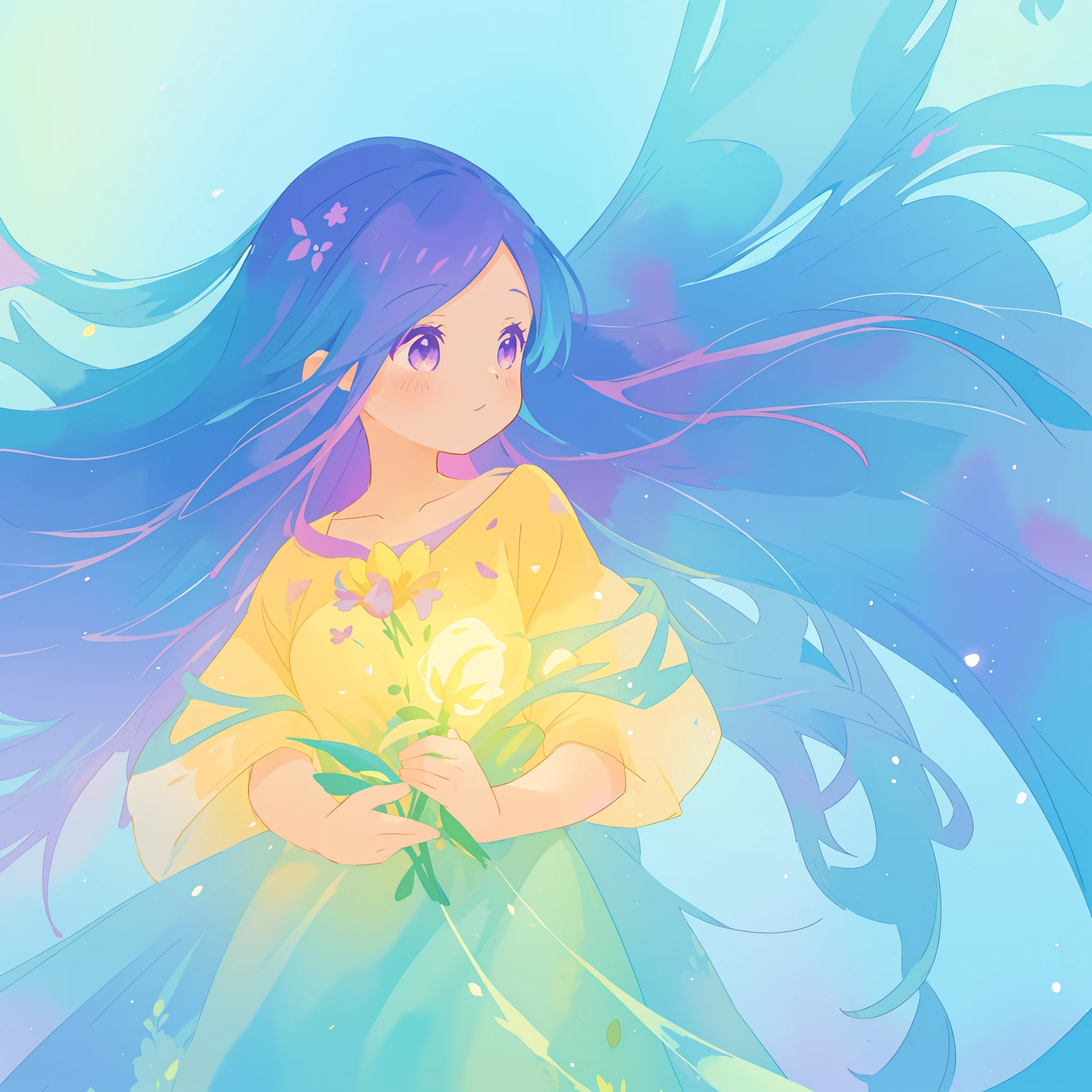beautiful girl in yellow minut gradient flowing dress, long flowing blue purple pink hair, colorful fantasia background, watercolor illustration, disney art style, glowing aura around her, glowing lights, beautiful digital illustration, fantasia otherworldly landscape plants flowers, beautiful, masterpiece, best quality, anime disney style