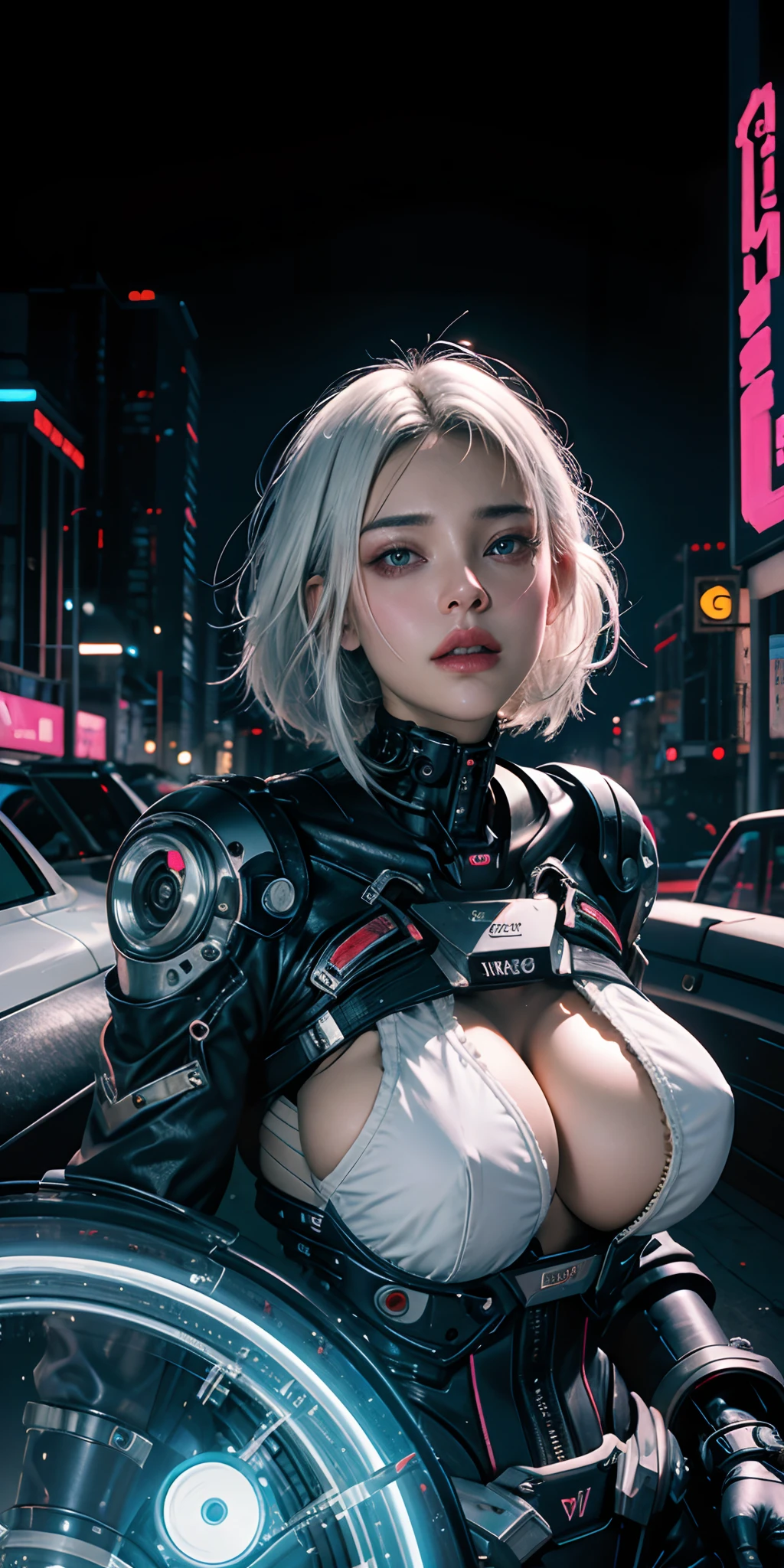 Woman cyborg retrofuturista con luces de neon ,muchas partes mecanicas , white hair ,big tits , estilo cyberpunk,colores synthwave,otro planeta,cara de robot,estilo terminator,realista,tetas muy grandes