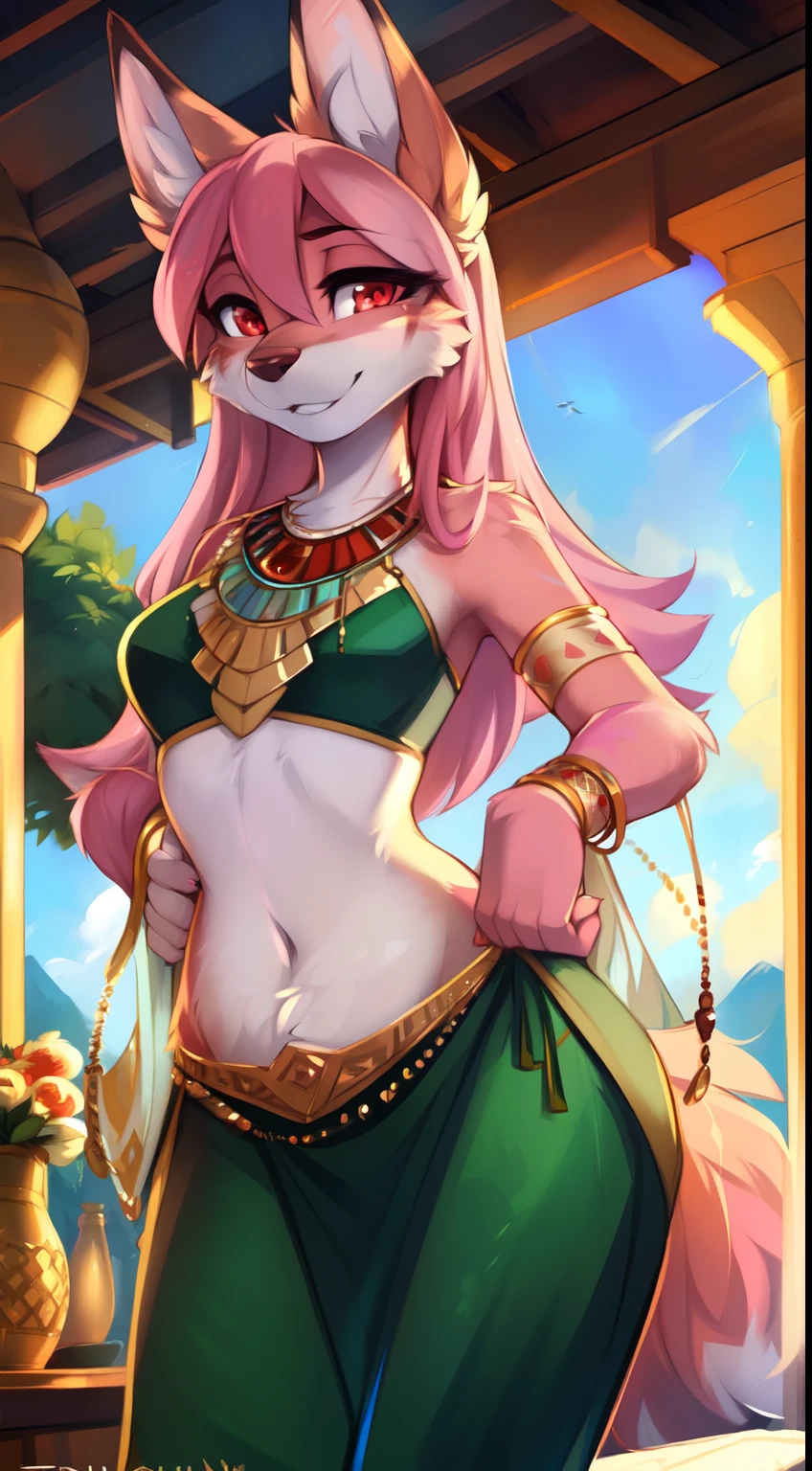 by kenket, Ross Tran, ruan jia, zaush, foxovh, by Zackary911, by hyattlen, by teranen, by fumiko, by Pixelsketcher, by Bayard Wu, by Thomas Benjamin Kennington, by Einshelm, by Kilinah, by Coffeesoda, by Hioshiru, by fluff-kevlar, by r-mk, by Dimwitdog, Furry, Nazuna_hiwatashi, Anthro, Female, Solo, standing, Mocking Look, (half-closed eyes), Pink Hair, Pink Tail, (red bellydancer clothes, bellydancing), (red eyes), looking at the viewer, (medium breasts, hips), (fox), ancient egypt)