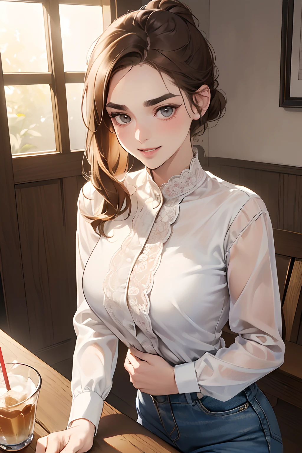(masutepiece, Digital Art, Digital Illustration, 4K, 8K, Ultra-detailed, beautiful image, Sharp Image, Photorealistic, Raw photo, Perfect face, Perfect lines, Perfect eyes, Soft lighting) 1 woman, (lightbrown hair,Chignon hair in a high position,White lace shirt、Skinny Denim、Innocent look,Lowered eyebrows,drooping eyebrows,drooing eyes,cute large eyes,natural make up,kindly smile,Round jaws,23 y-o woman:1.3),Two handsome men in suits, (ember,Men in suits,well-muscled,Firm shoulder width,Adult male,Boyish hairstyle,English gentlemanly style,Man in his 30s with a cool expression,28-year-old man with bright smile:1.2),(Nervous,be shy,sleepy,embarrassed from:1.2),innocent smiles,(embarrassed from,Shy smile:1.1),Drink at home、Drinking alcohol at home、drinking party、Nodakure、heavy drinker