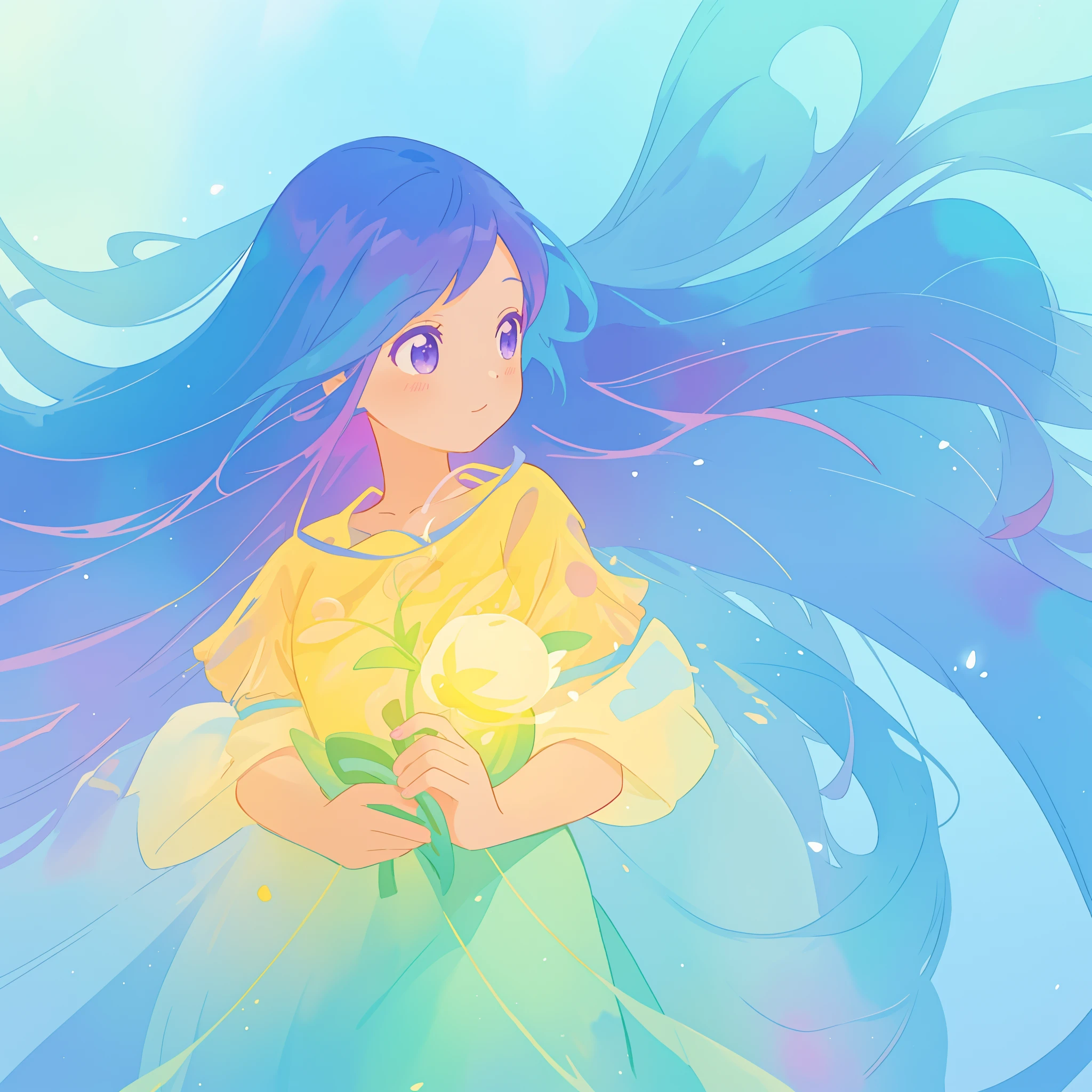 beautiful girl in yellow minut gradient flowing dress, long flowing blue purple pink hair, colorful fantasia background, watercolor illustration, disney art style, glowing aura around her, glowing lights, beautiful digital illustration, fantasia otherworldly landscape plants flowers, beautiful, masterpiece, best quality, anime disney style