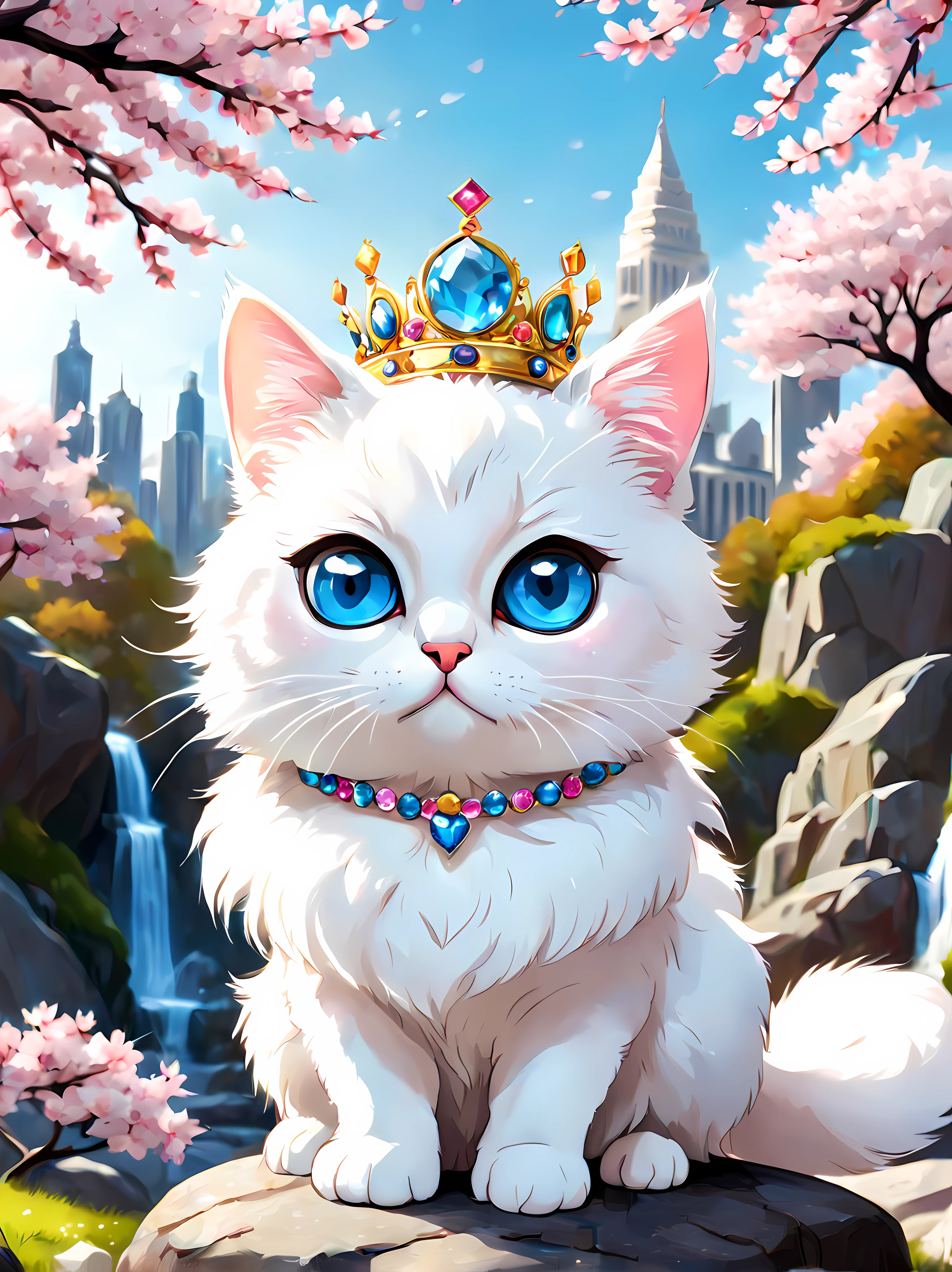 Cute Cartoon, CuteCartoonAF, sticker, (cute cartoon style:1.3), (solo:1.3), adorable white ((cat)) (vivid big eyes) (((looking at the viewer))), ((wearing jeweled crown)), (wearing noble cloak), (sitting on a rock), cherry blossom park, ((urban)) street background, masterpiece, 4k, highly detailed, shiny, ((divine aura)), blue eyes, stickers