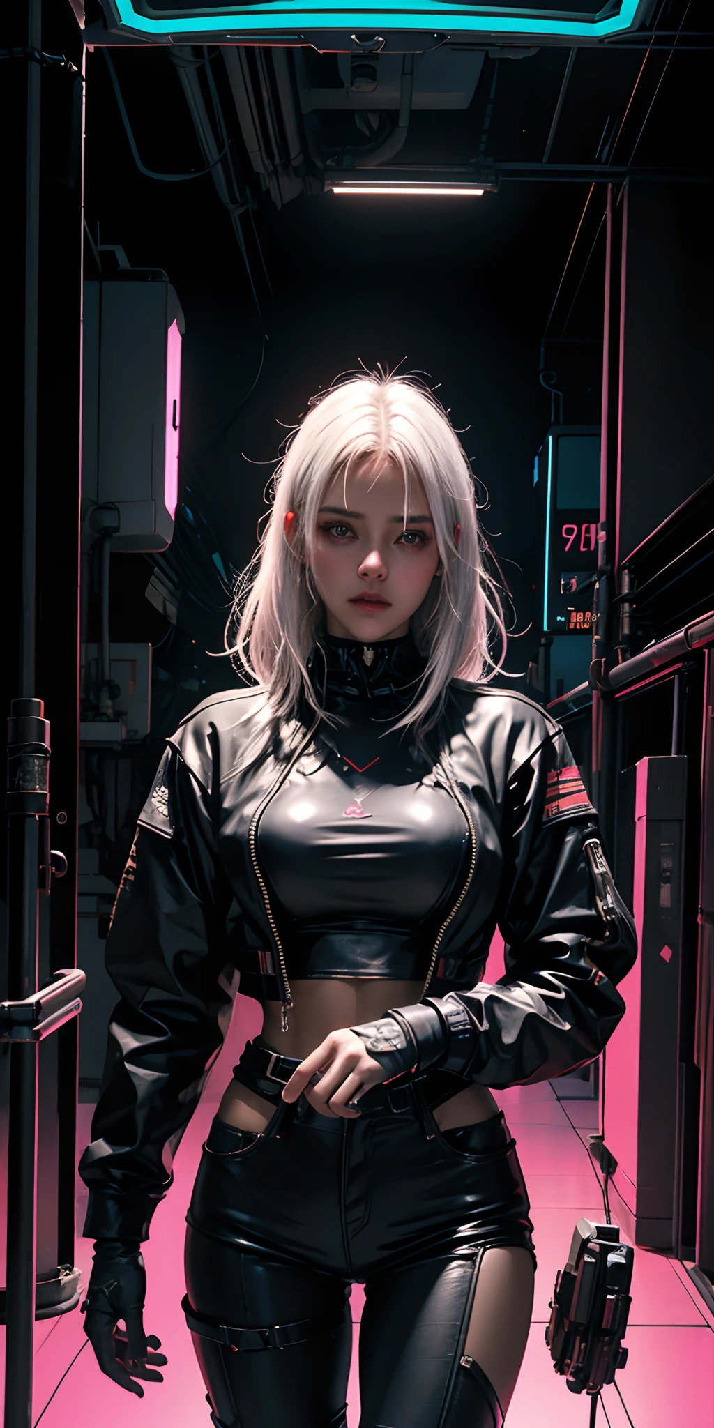 Woman cyborg retrofuturista con luces de neon ,muchas partes mecanicas , white hair ,big tits , estilo cyberpunk,colores synthwave,otro planeta,cara de robot,estilo terminator,realista,tetas muy grandes