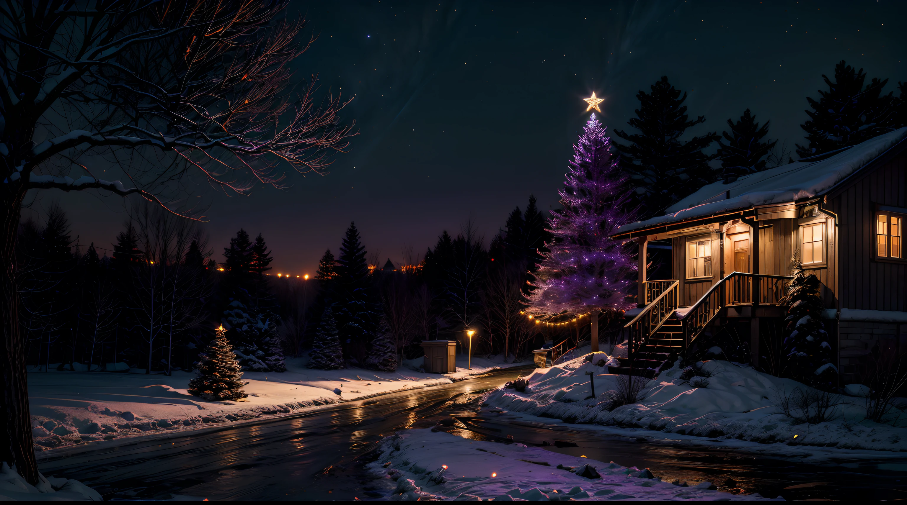 (8K, Raw photo, Best Quality, masutepiece:1.2), (Christmas Scene:1.5) Illuminated by a unique palette, Dominant Shade (Black:1.7), Bright pop of (orange:1.6), And a mysterious undertone (Purple:1.6). Silhouette of pine trees against the background of deep twilight sky, Orange light shimmers on the branches. (Purple snowflakes fall gently:1.3), A gift wrapped in a blend of these colors under the tree, Add a festive twist to a traditional holiday.