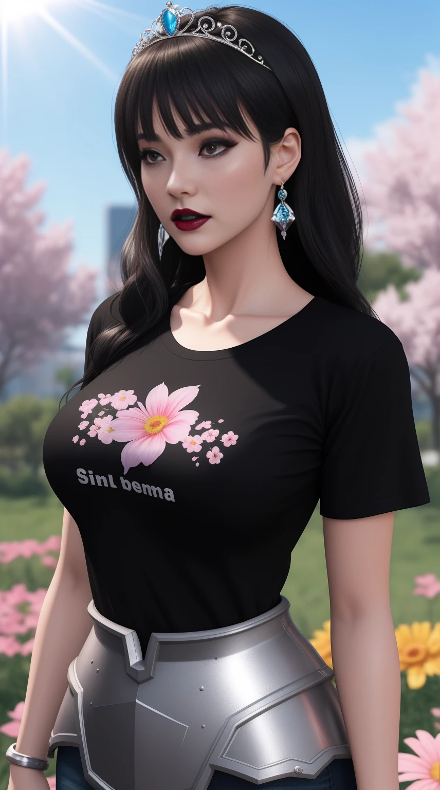 Lisa Ann anime 3d Photorealistc, high quality, silver chest armor, full make up, huge eyelashes, large earrings, Black t-shirt, Dark lips, outdoor, sunlight, flowers on tiara