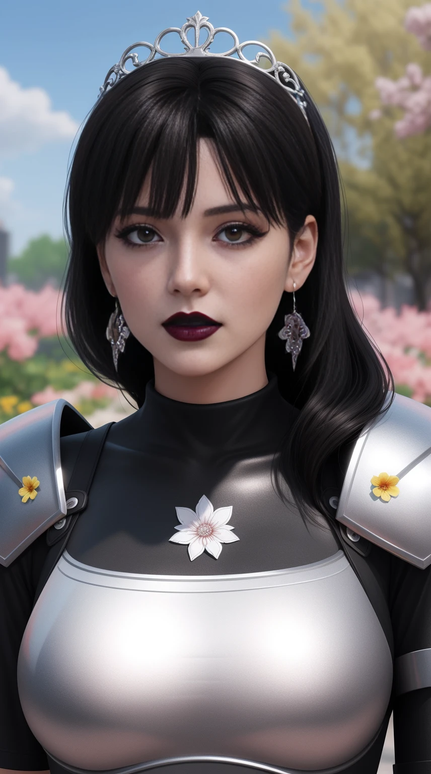 Lisa Ann anime 3d Photorealistc, high quality, silver chest armor, full make up, huge eyelashes, large earrings, Black t-shirt, Dark lips, outdoor, sunlight, flowers on tiara