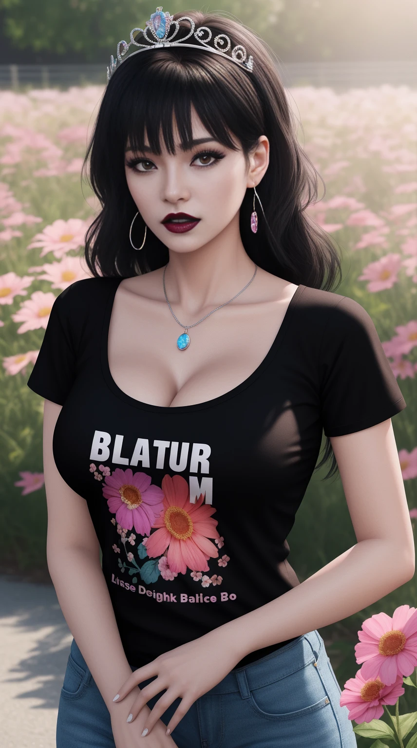 Lisa Ann anime 3d Photorealistc, high quality, silver chest armor, full make up, huge eyelashes, large earrings, Black t-shirt, Dark lips, outdoor, sunlight, flowers on tiara