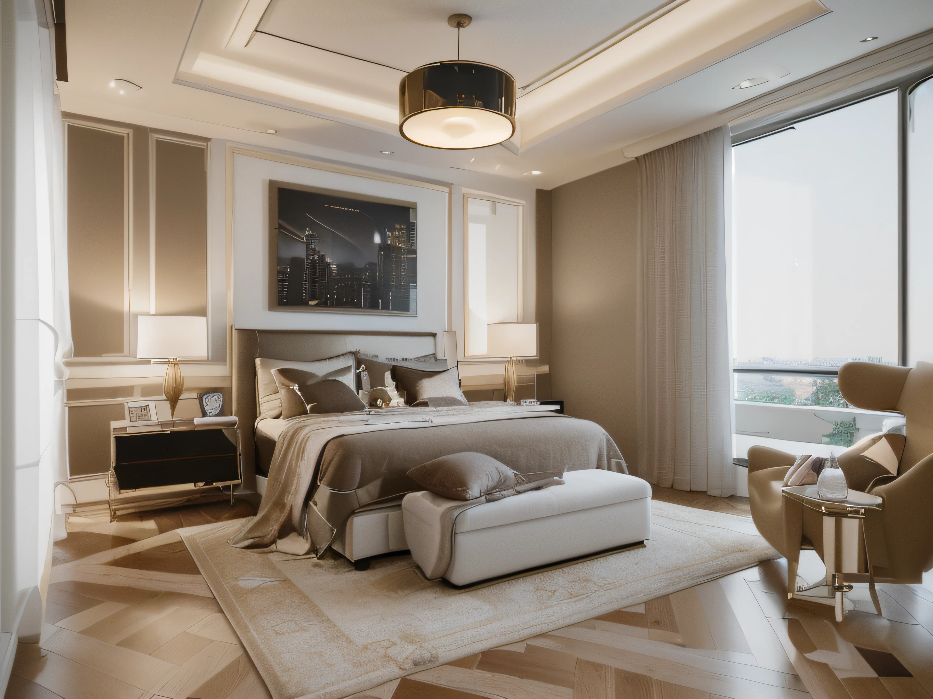 (best quality,4k,8k,highres,masterpiece:1.2),ultra-detailed,(realistic,photorealistic,photo-realistic:1.37),modern bedroom,nightlight,cozy atmosphere,vibrant colors,soft ambient lighting,comfortable bed with plush pillows,contemporary furniture design,sleek lines and clean aesthetics,luxurious materials,wooden flooring,large windows with city view,artwork on the walls,modern lighting fixtures,stylish bedside table with a lamp,minimalist decor,neat and organized space,luxury living,serene and peaceful environment