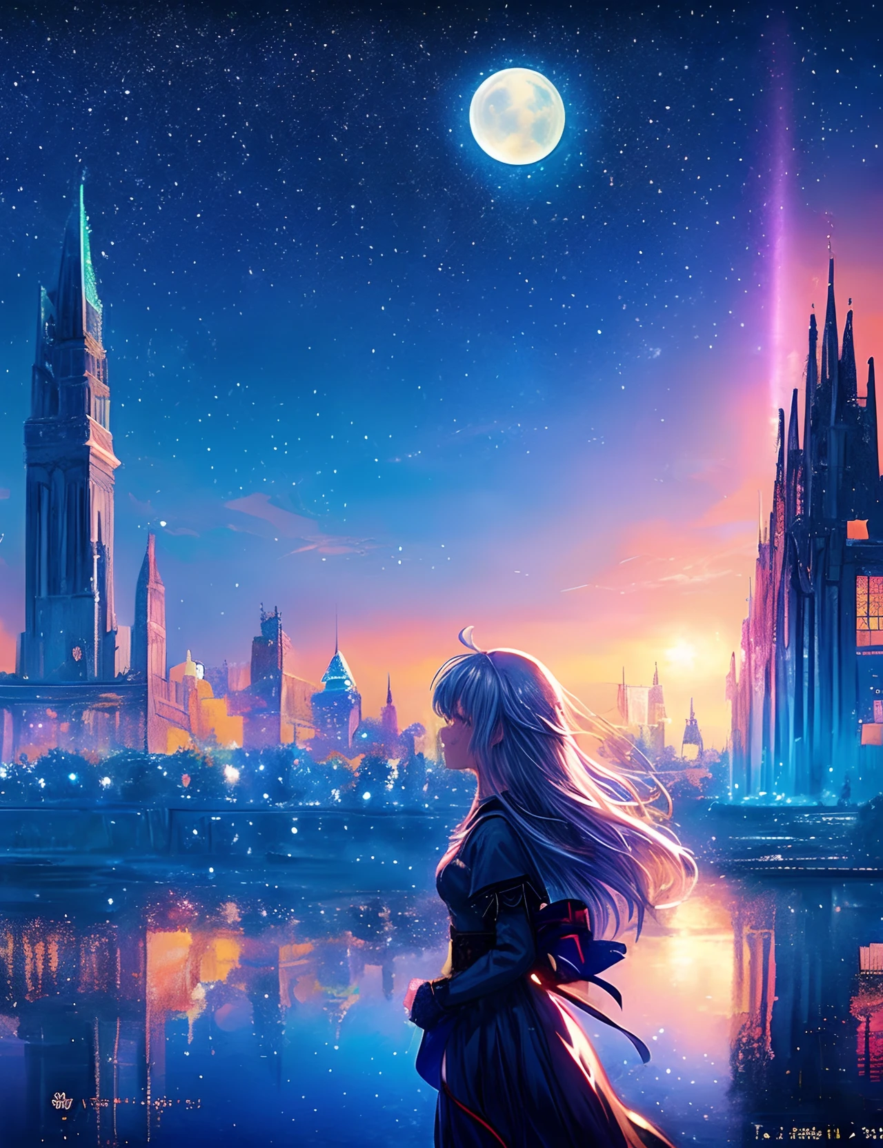 ((A girl who is depicted subjectively looking up in profile))、((Crying girl))、Profile girls、The colorful Metropolitan Museum of Art in the background、River painting with stars and moon in rainbow sky、the met、Shining skyscrapers、Shine across the board、Skyscrapers、Concept art inspired by Mitsuoki Tosa、pixiv contest winners、top-quality、Fantasyart、beautiful anime scene、Bright moon、Moonlit star environment、Dream painting、Anime Background Art、Fantasy landscape art、fantasy knight、anime backgrounds、background artwork、Fantastic art、atmospheric anime、starrysky、Detail has been enhanced。
