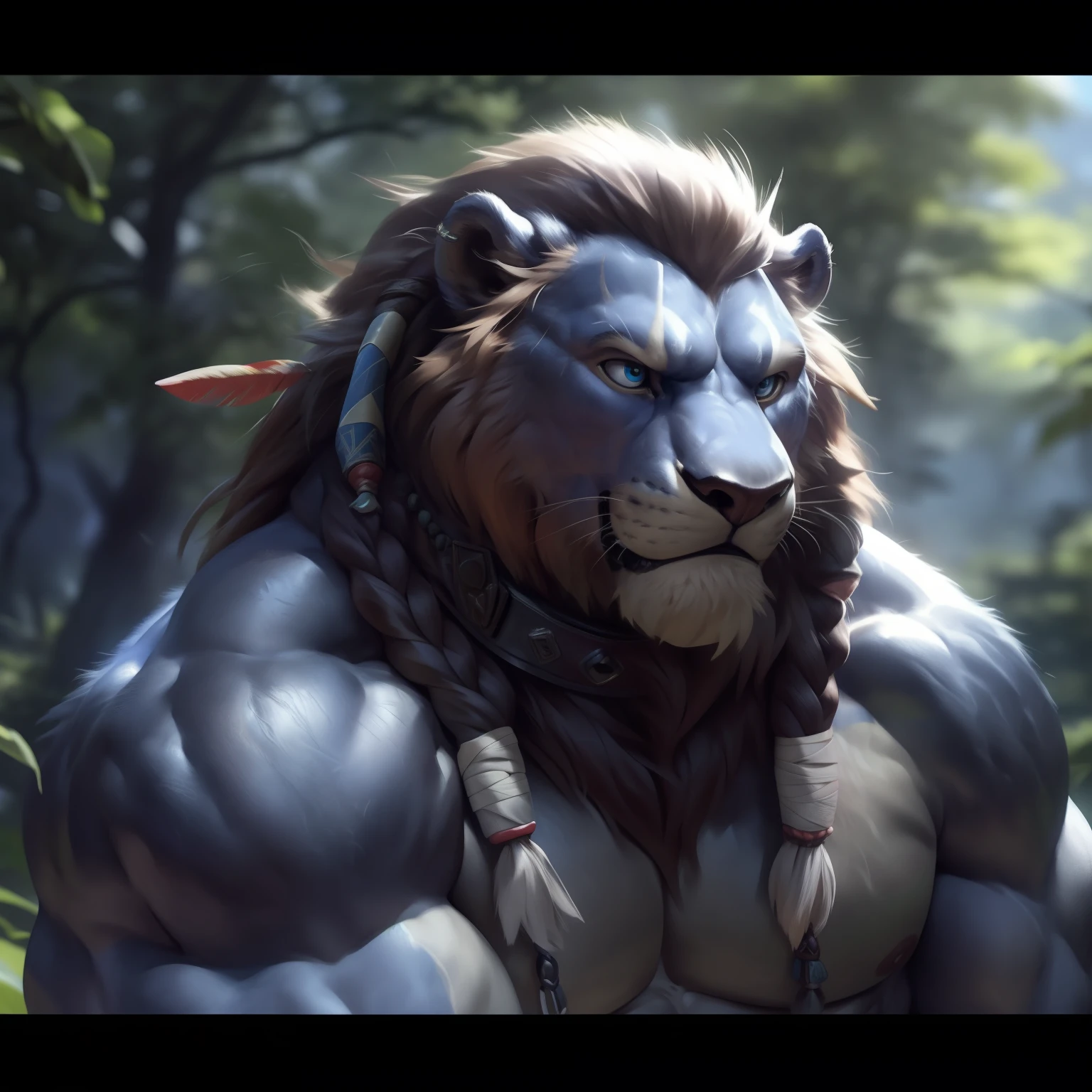 solo, male, (muscular:0.7), shaman, (male anthro lion):1.3, ((hunched over afraid pose)):1.3, (kemono:0.6), (tribal clothing, bandage wraps), detailed eyes, large tail, mane, ((bust portrait)), (detailed eyes, blue eyes):1.1, (outdoors:1.35), :1.3, detailed Wizard of oz background, photorealistic, realistic hands, 8k hd, (dark shadows, wide dynamic range, hdr, low light:1.2), by (by Pino Daeni, (by ruaidri), by virtyalfobo), (best quality, masterpiece:1), furry scared lion, brown fur, fuzzy, blushing, collar, scared, big mane, buldge, photo-realistic, octane render, unreal engine, ultra-realistic