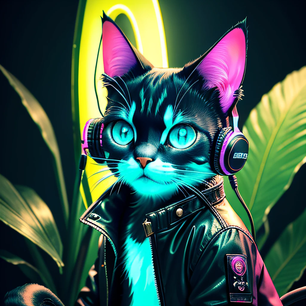 A cat with headphones and a jacket is sitting on a large lily leaf in a fountain. Cyberpunk and post-Soviet modernism  style themed. closeup view, neon lights., Pop art, Pixar, three sided view, UHD, anatomically correct, textured skin, super detail, high quality, 4K