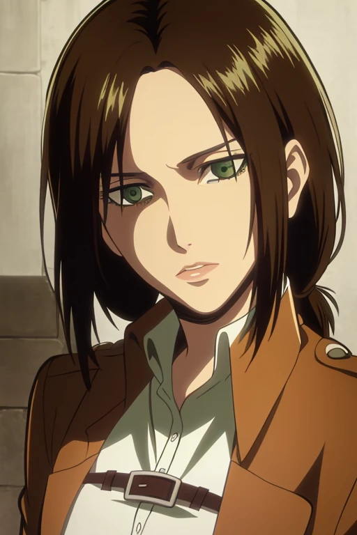 1girl, mature woman, closeup, solo, slight lips, masterpiece, long hair, light brown hair, clips in hair, scouting uniform, beautiful, aot, snk, shingeki no kyojin, aot style, green eyes