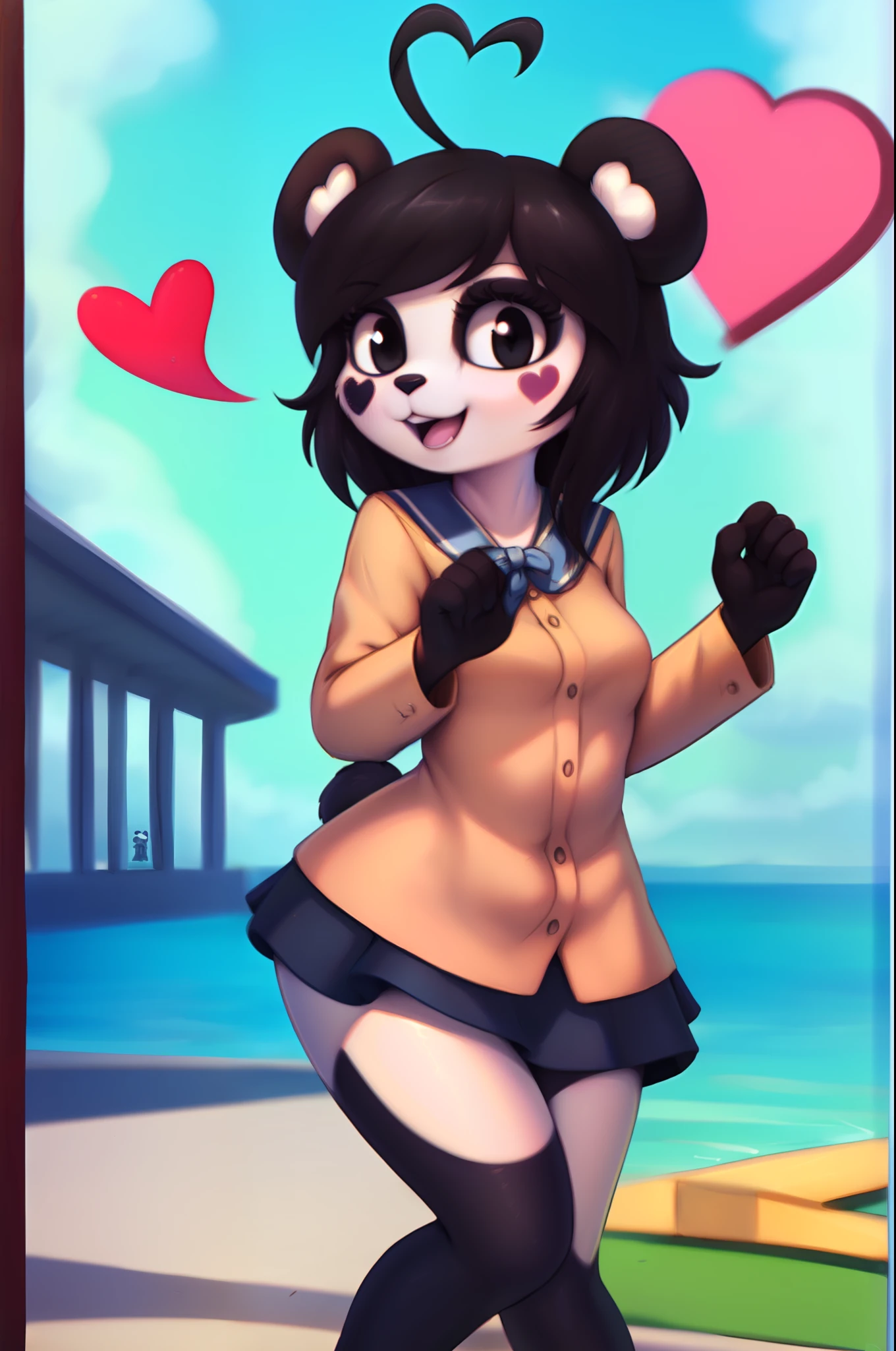 kenny \(kenashcorp\), panda, female, three-quarter portrait, school uniform, blue skirt, blue sky, smile, (heart ahoge), scut tail, open mouth, black hair, black eyes, by personalami, by miso souperstar,
