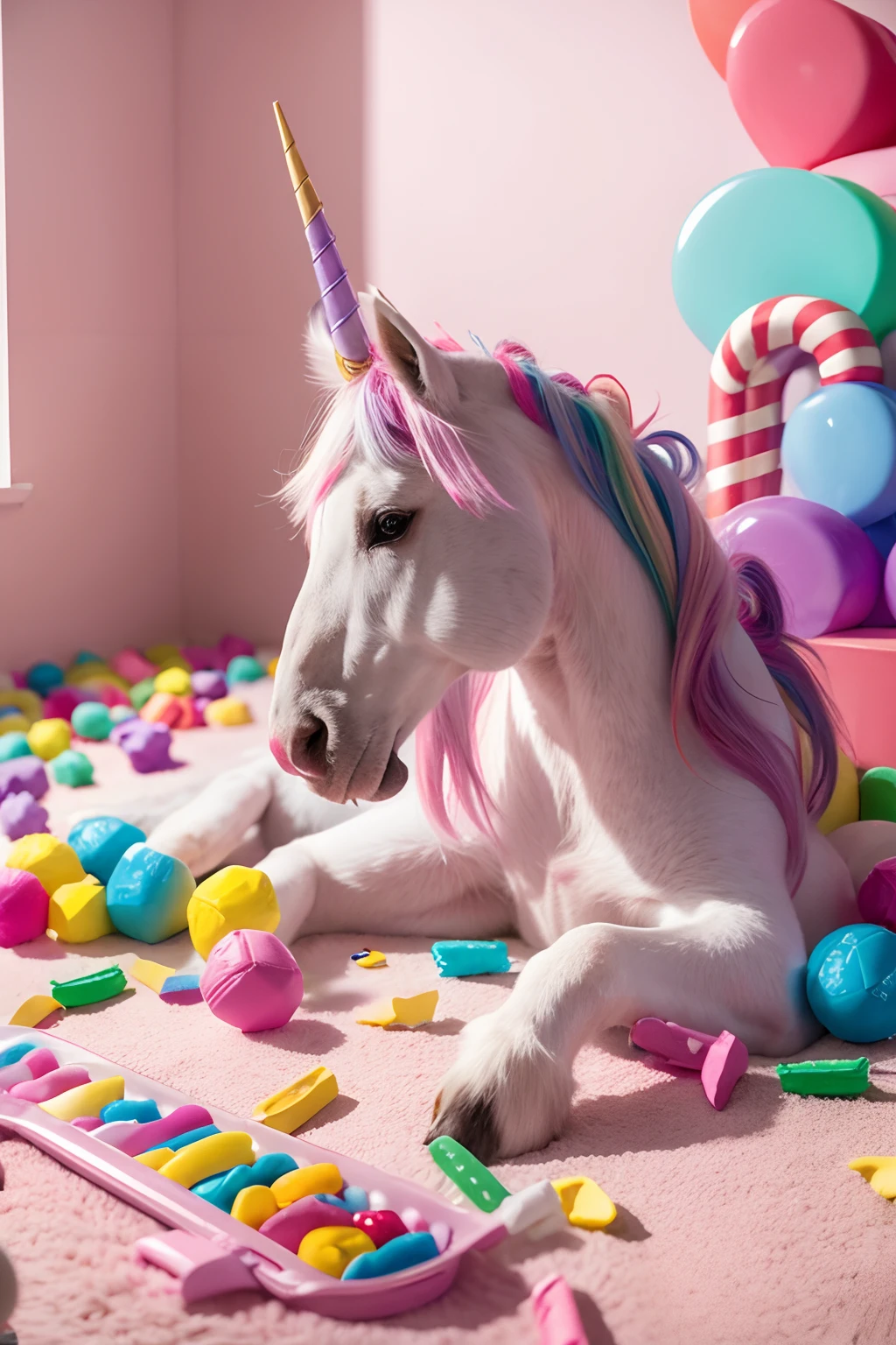 Colorful unicorns，In a candy castle，eating candy
