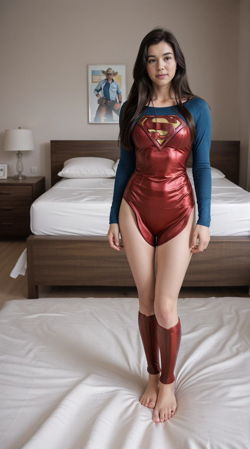full body standing straight barefoot, long hair, triplets, holding hands on bed, sleeping together, superheroine girl, super sexy. best quality, realistic photo, cowboy shot, bedroom background, bed, sheet, pillow