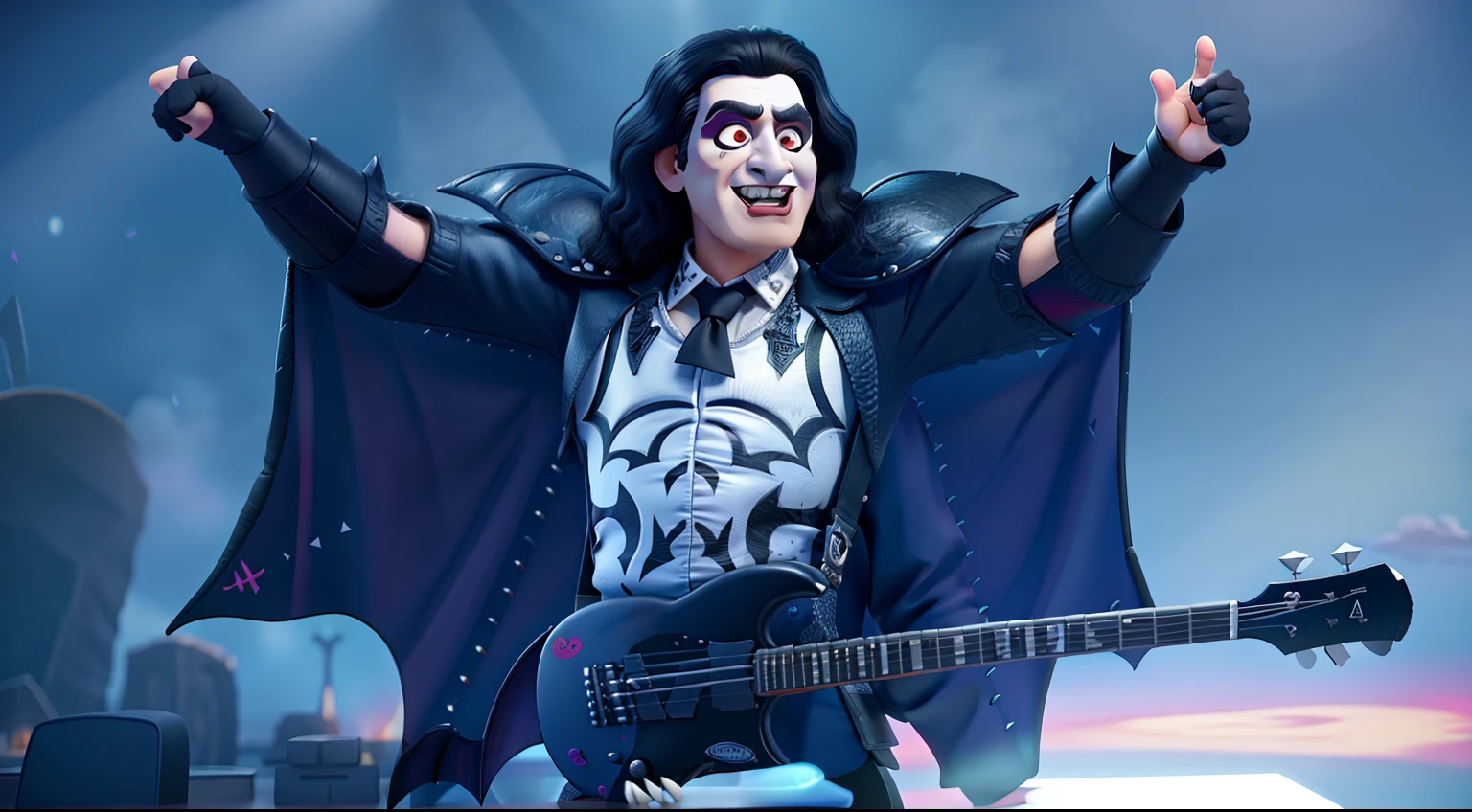 Gene Simmons from the band Kiss with his face in corpse paint, bat wings, holding his bass, in pixar style