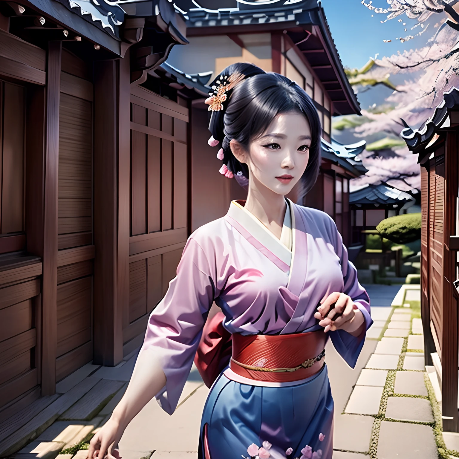 A geisha dances near a teahouse among cherry blossoms