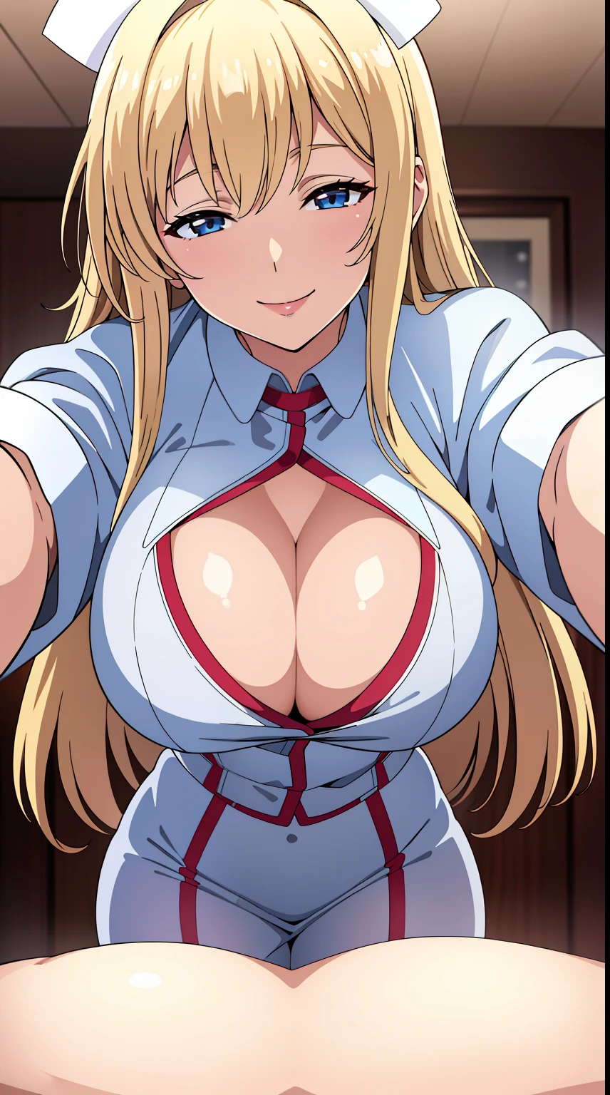 (best quality:1.5, highres, UHD, 4K, detailed lighting, shaders), blonde long hair, smiling, large breasts, nurse outfit, cleavage, sexy, erotic, lewd, (pov, close shot)