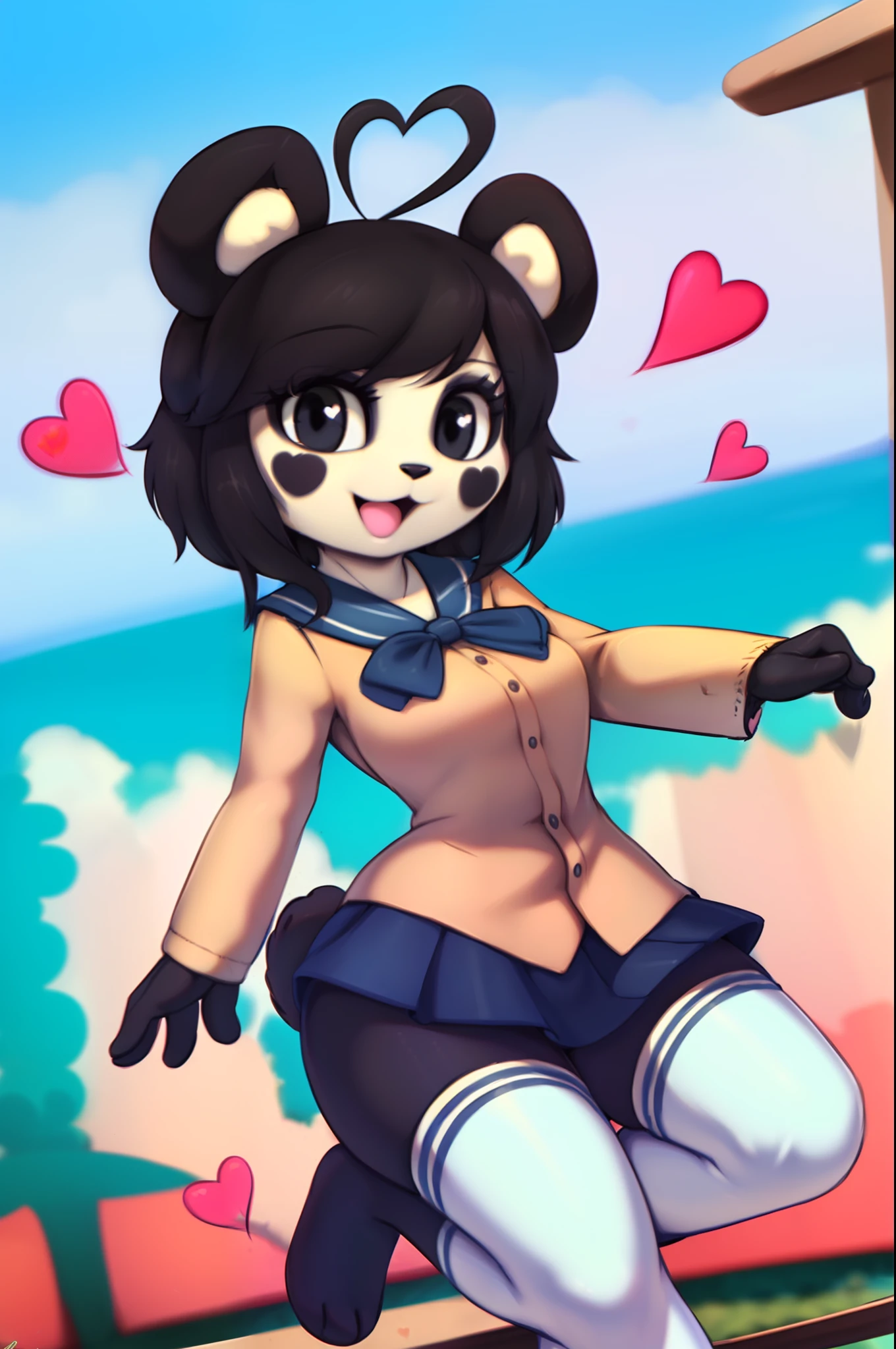 kenny \(kenashcorp\), panda, female, three-quarter portrait, school uniform, blue skirt, blue sky, smile, (heart ahoge), scut tail, open mouth, black hair, black eyes, by personalami, by miso souperstar,