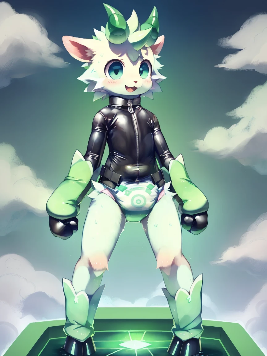 ((by wadorigi on Twitter)(Lamb)), pokemon, ??? proportions, cute, adorable , thin thighs, hooves, upper limb hooves, light green fur, emerald horns, green spiral of clouds, swirling hurricane, wearing soggy messy diaper leotard straitjacket, (leather cube shaped padded fist mitts), leather wrist cuffs, standing