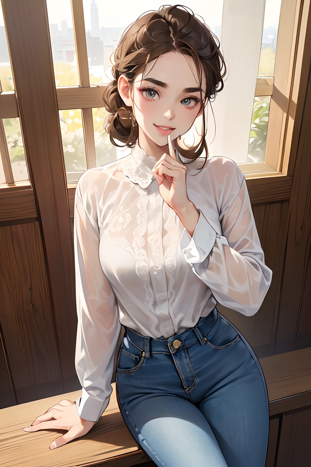 (masutepiece, Digital Art, Digital Illustration, 4K, 8K, Ultra-detailed, beautiful image, Sharp Image, Photorealistic, Raw photo, Perfect face, Perfect lines, Perfect eyes, Soft lighting) 1 woman, (lightbrown hair,Chignon hair in a high position,White lace shirt、Skinny Denim、Innocent look,Lowered eyebrows,drooping eyebrows,drooing eyes,cute large eyes,natural make up,kindly smile,Round jaws,23 y-o woman:1.3),Two handsome men in suits, (ember,Men in suits,well-muscled,Firm shoulder width,Adult male,Boyish hairstyle,English gentlemanly style,Man in his 30s with a cool expression,28-year-old man with bright smile:1.2),Drink at home、Drinking alcohol at home、drinking party、Nokure、heavy drinker、Plum wine